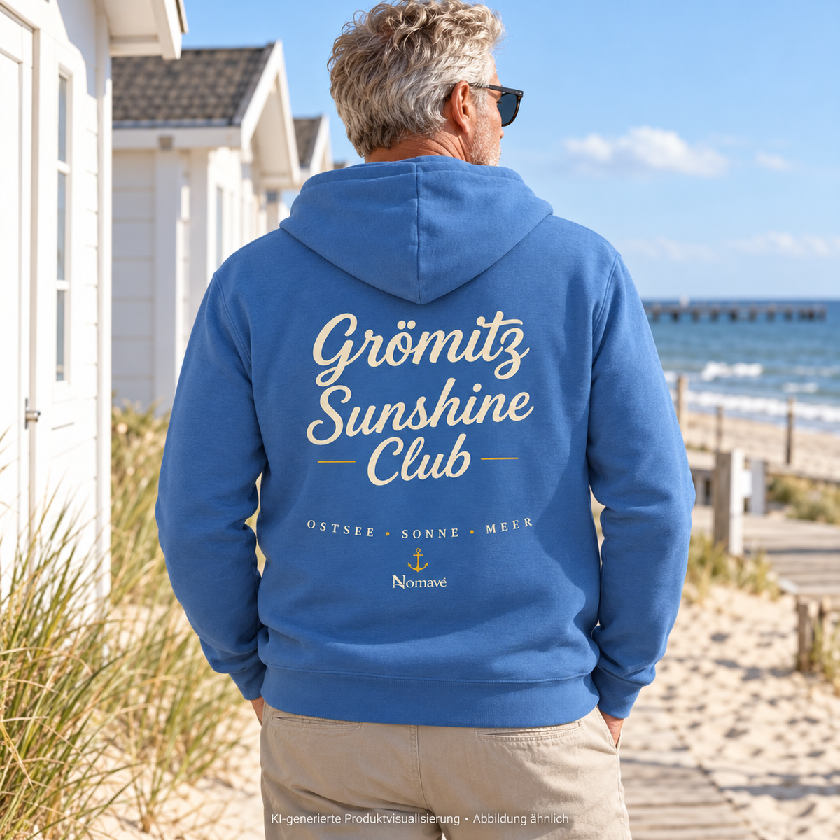 Grömitz Sunshine Club Bio-Zipper mit Rückendruck in Bright Blue – Mann vor Strandhütten, Lifestylebild 5 – KI-Produktvisualisierung