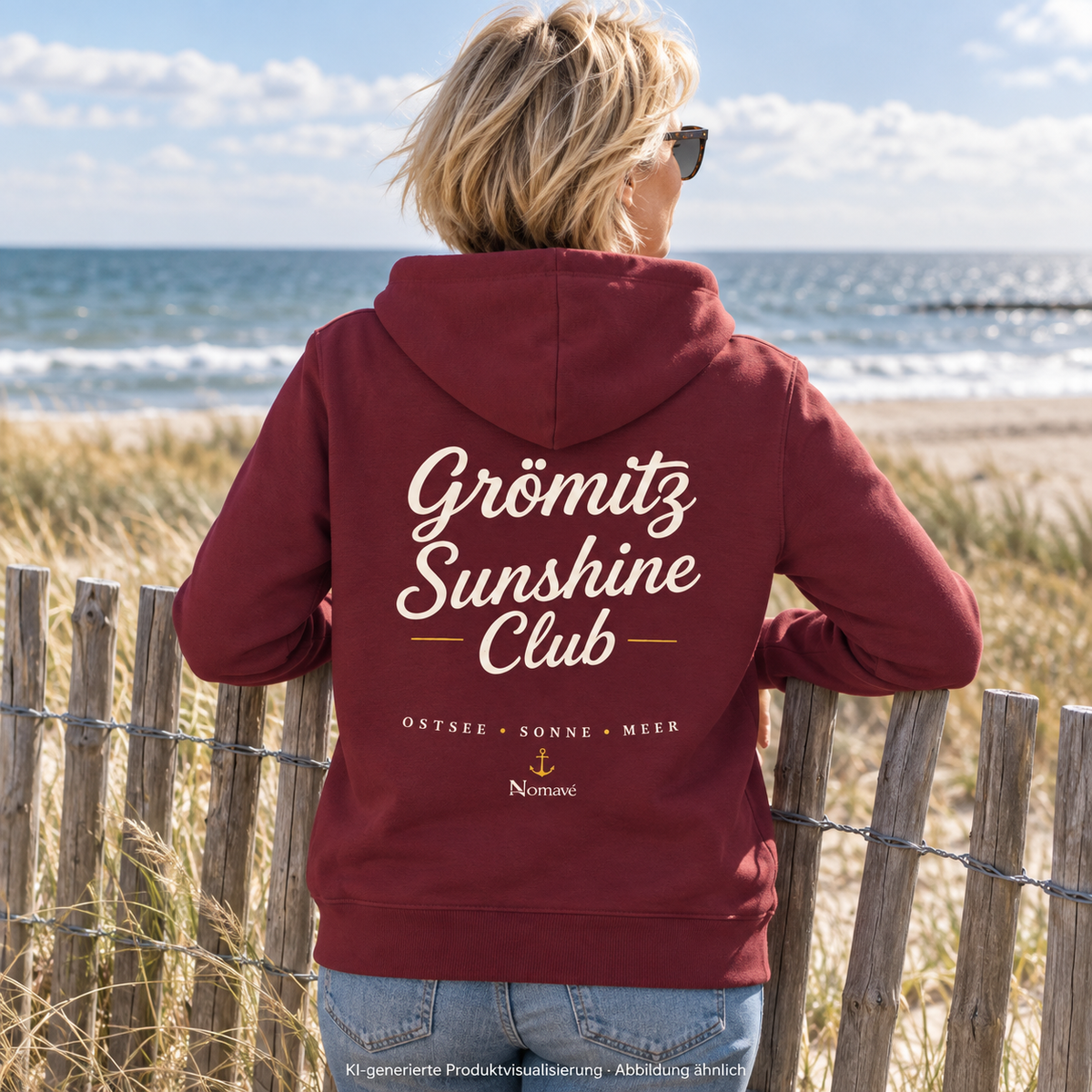 Grömitz Sunshine Club Bio-Zipper mit Rückendruck in Burgundy – Frau am Dünenzaun, Lifestylebild 3 – KI-Produktvisualisierung