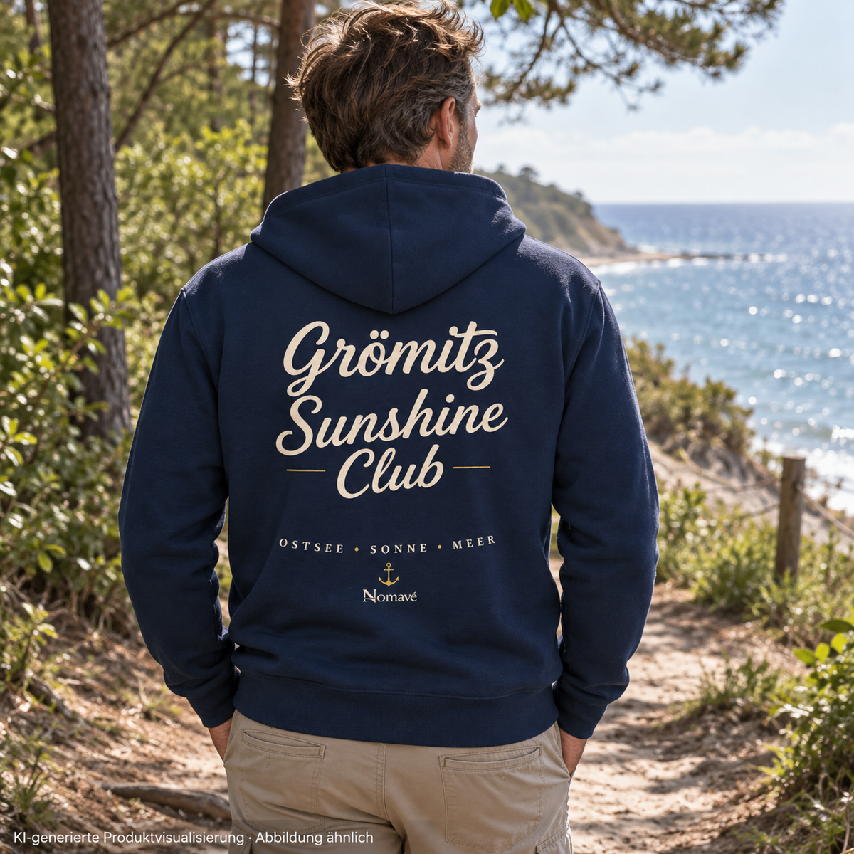 Grömitz Sunshine Club Bio-Zipper mit Rückendruck in French Navy – Mann auf hölzernem Küstenweg, Lifestylebild 2 – KI-Produktvisualisierung