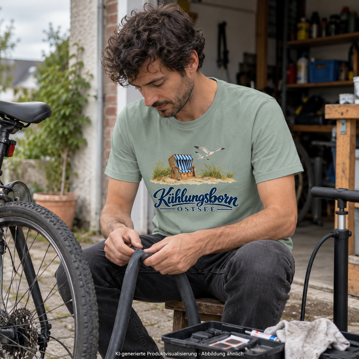 Bio-Unisex-T-Shirt Kühlungsborn – Strandkorb & Ostsee in Aloe, beim Reparieren eines Fahrradschlauchs vor einer offenen Garage, bedeckter Tag; Frontmotiv, KI-Produktvisualisierung.