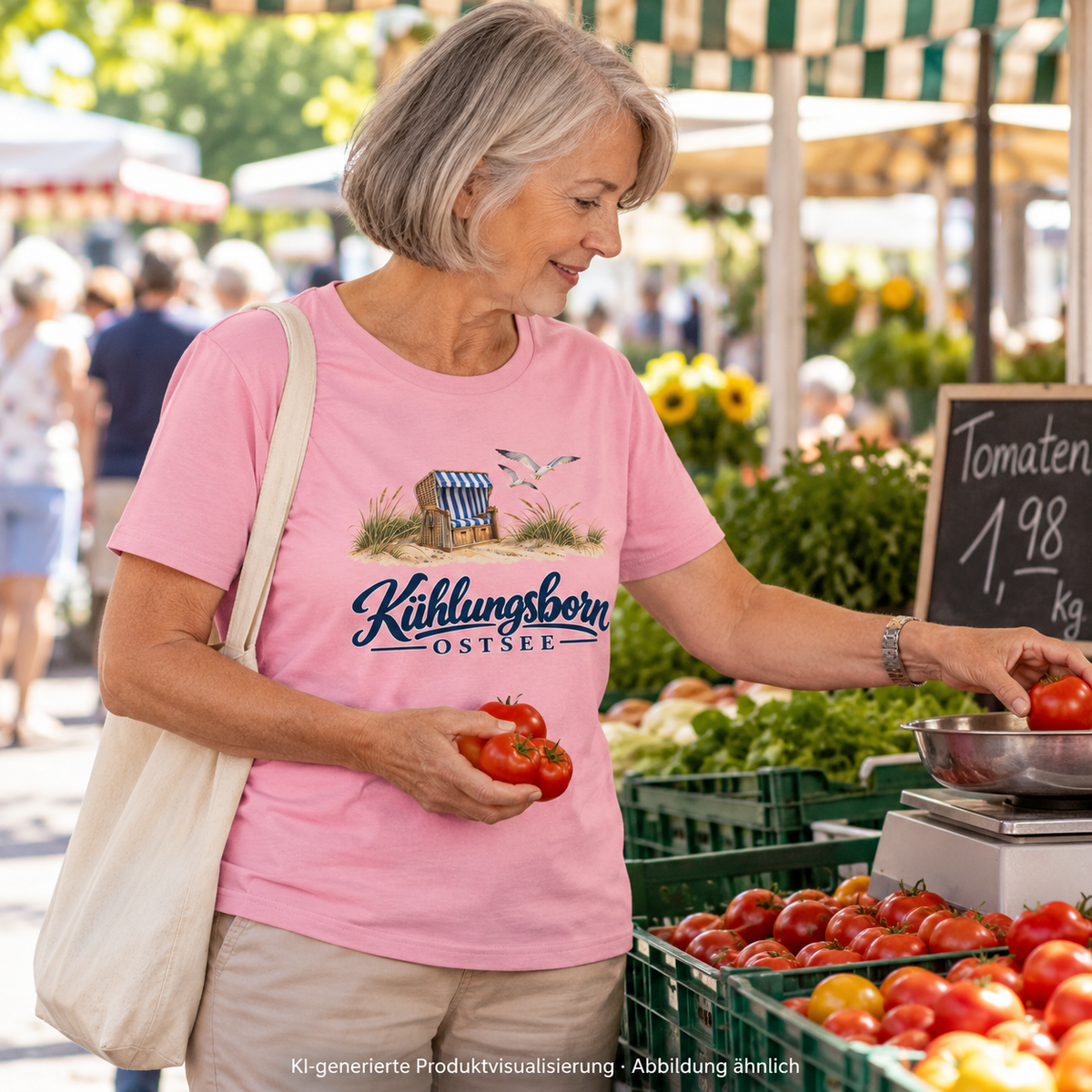Bio-Unisex-T-Shirt Kühlungsborn – Strandkorb & Ostsee in Cotton Pink, beim Abwiegen von Tomaten am Wochenmarkt, seitlicher Blick, Nachmittag; Frontmotiv, KI-Produktvisualisierung.