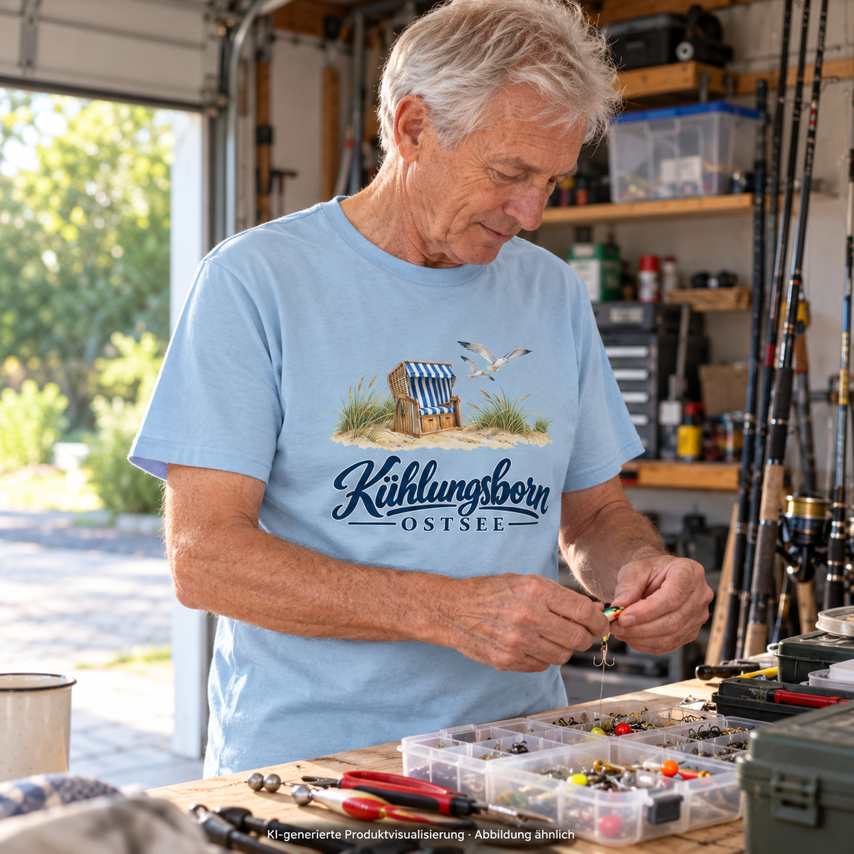 Unisex-T-Shirt Heavy Cotton Kühlungsborn – Strandkorb & Ostsee in Light Blue, beim Ordnen von Angelzubehör auf der Werkbank, Garage bei Tageslicht; Frontmotiv, KI-Produktvisualisierung.