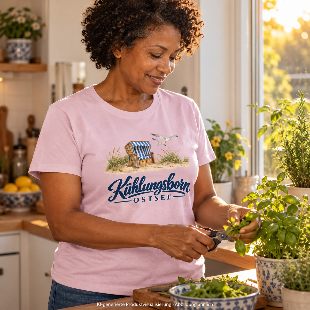 Unisex-T-Shirt Heavy Cotton Kühlungsborn – Strandkorb & Ostsee in Light Pink, beim Abschneiden von Kräutern am Küchenfenster, späte Sonne; Frontmotiv, KI-Produktvisualisierung.