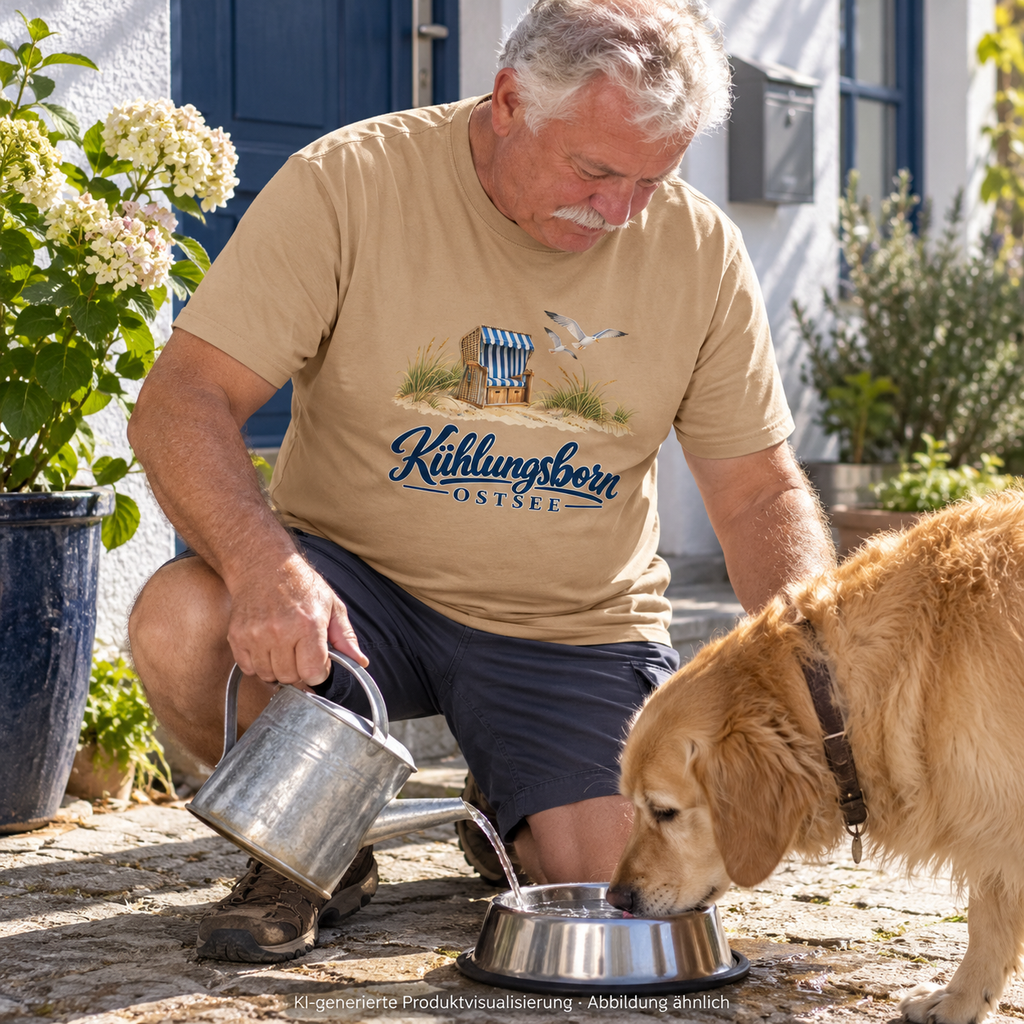 Bio-Heavy-T-Shirt Kühlungsborn – Strandkorb & Ostsee in Latte, beim Befüllen eines Hundewassernapfes vor der Haustür, Mittag; Frontmotiv, KI-Produktvisualisierung.