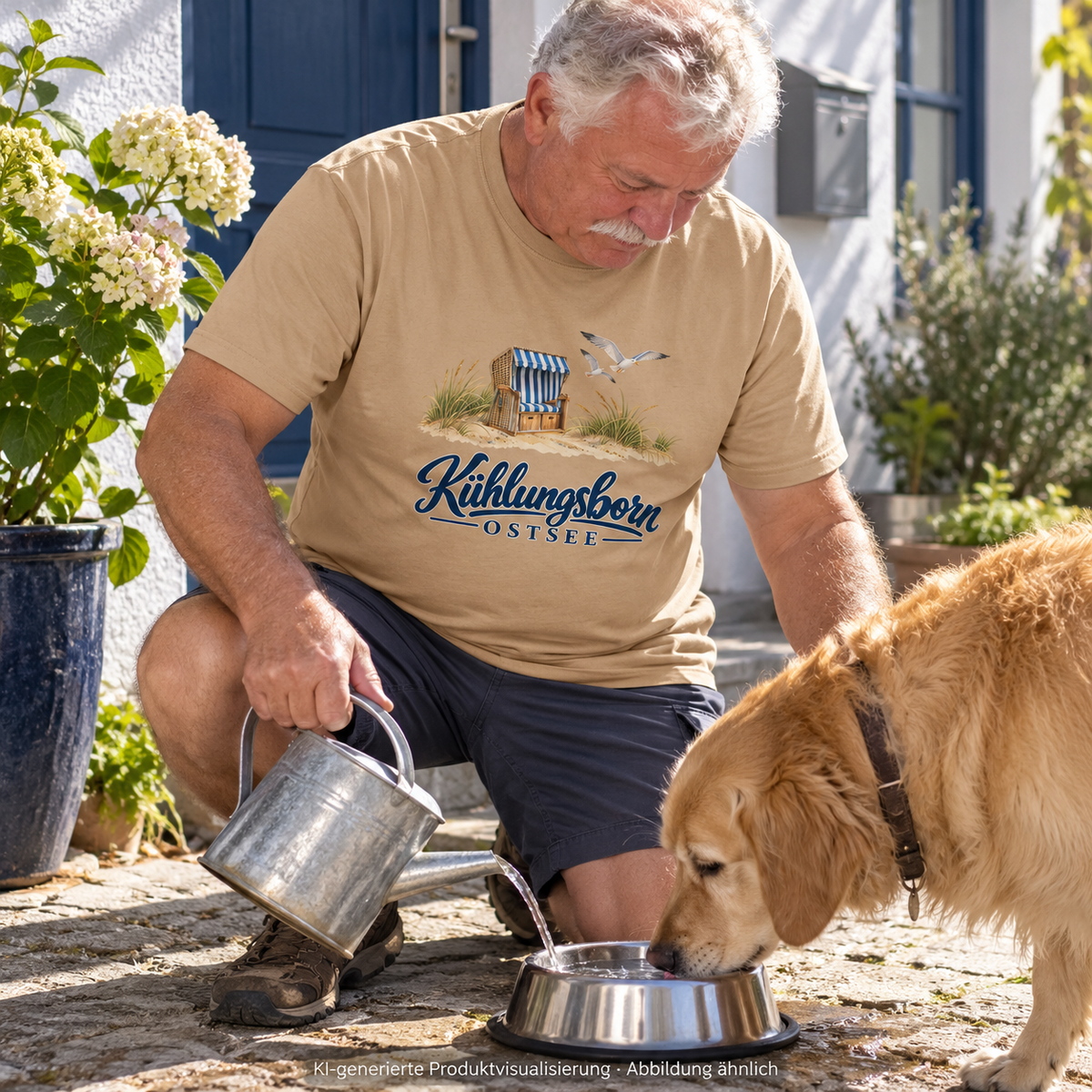 Bio-Heavy-T-Shirt Kühlungsborn – Strandkorb & Ostsee in Latte, beim Befüllen eines Hundewassernapfes vor der Haustür, Mittag; Frontmotiv, KI-Produktvisualisierung.