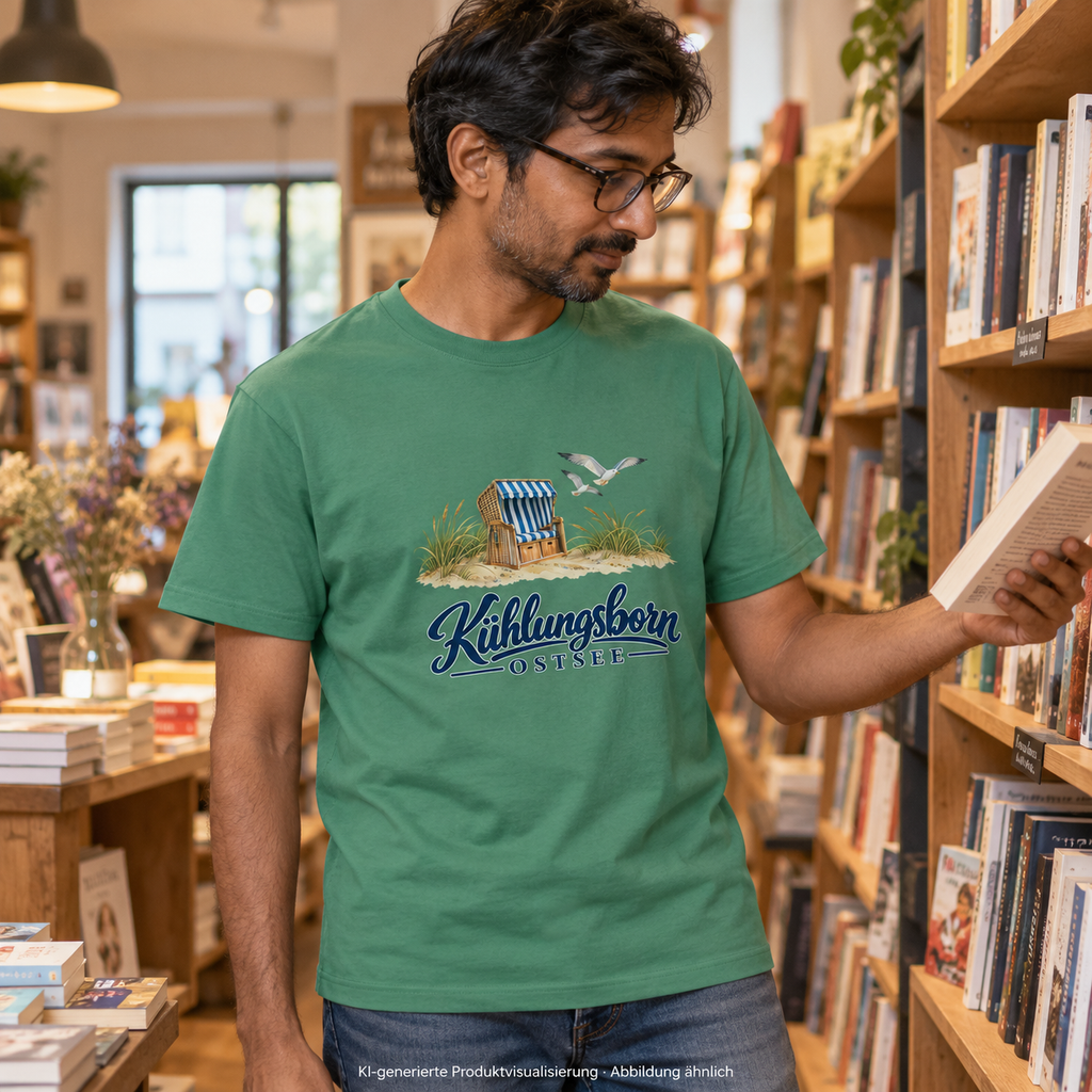 Bio-Heavy-T-Shirt Kühlungsborn – Strandkorb & Ostsee in Green Bay, beim Aussuchen eines Buches in einer kleinen Buchhandlung, schräg von vorne; Frontmotiv, KI-Produktvisualisierung.