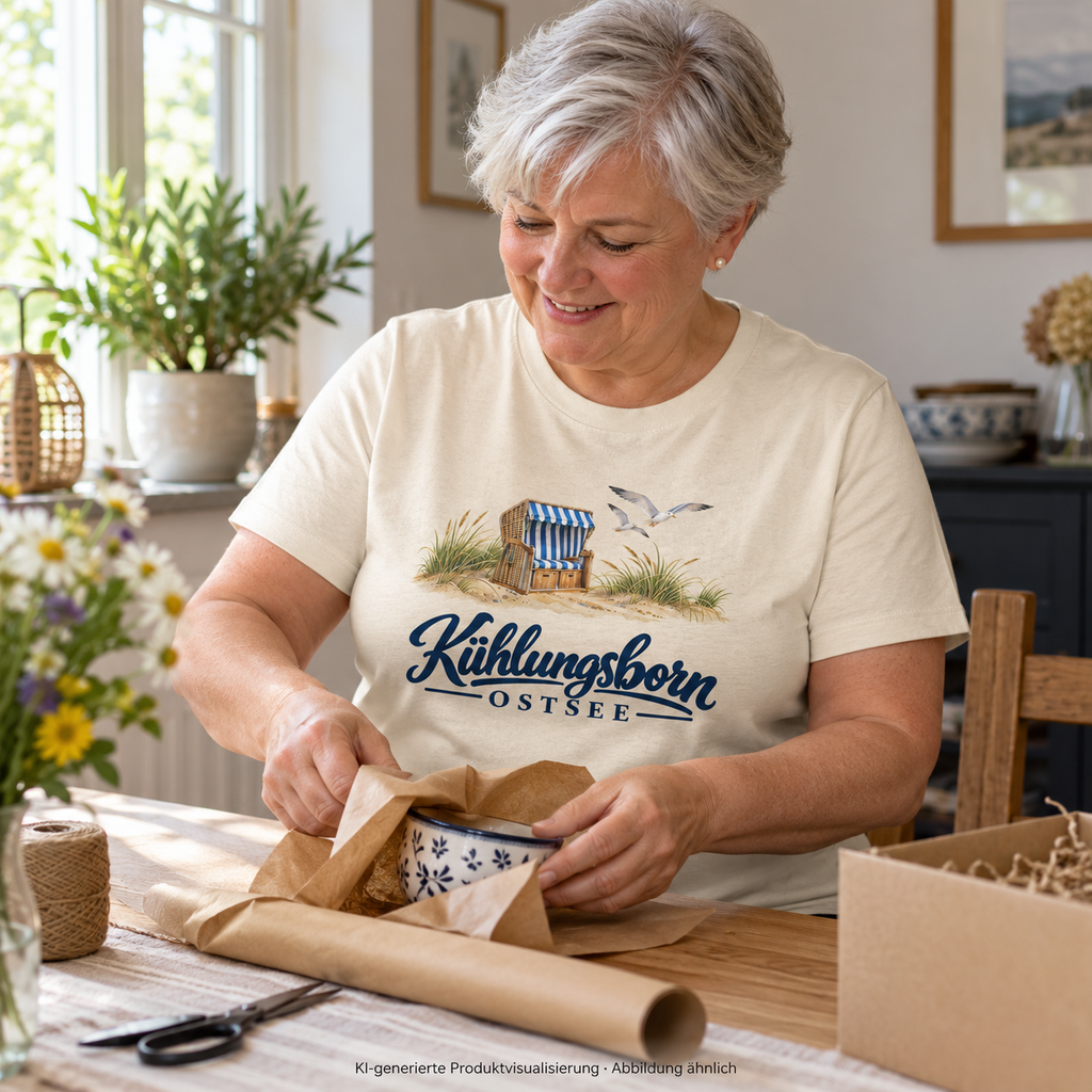 Damen Bio-T-Shirt Kühlungsborn – Strandkorb & Ostsee in Natural Raw, beim Einpacken eines Keramikgeschenks am Esstisch, Tageslicht; Frontmotiv, KI-Produktvisualisierung.