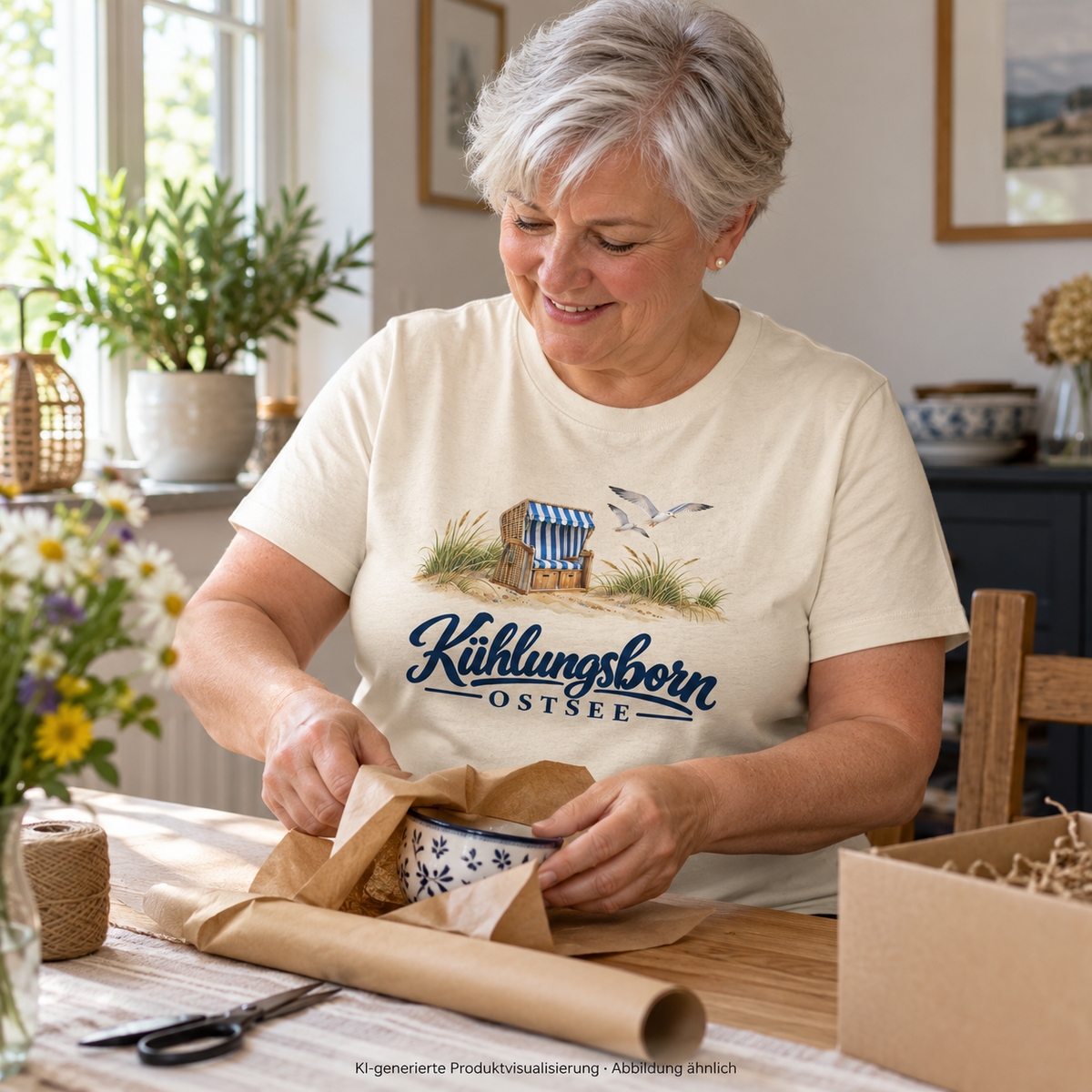 Damen Bio-T-Shirt Kühlungsborn – Strandkorb & Ostsee in Natural Raw, beim Einpacken eines Keramikgeschenks am Esstisch, Tageslicht; Frontmotiv, KI-Produktvisualisierung.