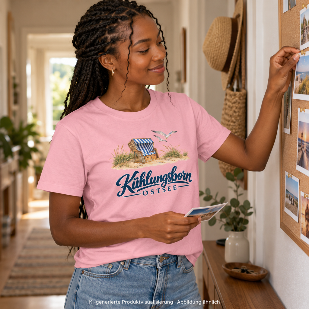 Damen Bio-T-Shirt Kühlungsborn – Strandkorb & Ostsee in Cotton Pink, beim Aufhängen kleiner Urlaubsfotos an einer Pinnwand im Flur, morgens; Frontmotiv, KI-Produktvisualisierung.