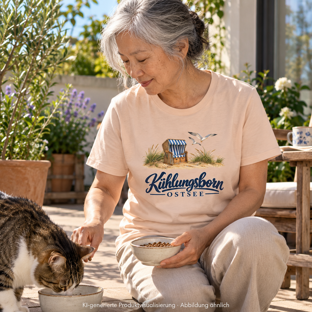 Damen Bio-T-Shirt Kühlungsborn – Strandkorb & Ostsee in Fraiche Peche, beim Füttern ihrer Katze auf einer sonnigen Terrasse, seitlicher Blick; Frontmotiv, KI-Produktvisualisierung.