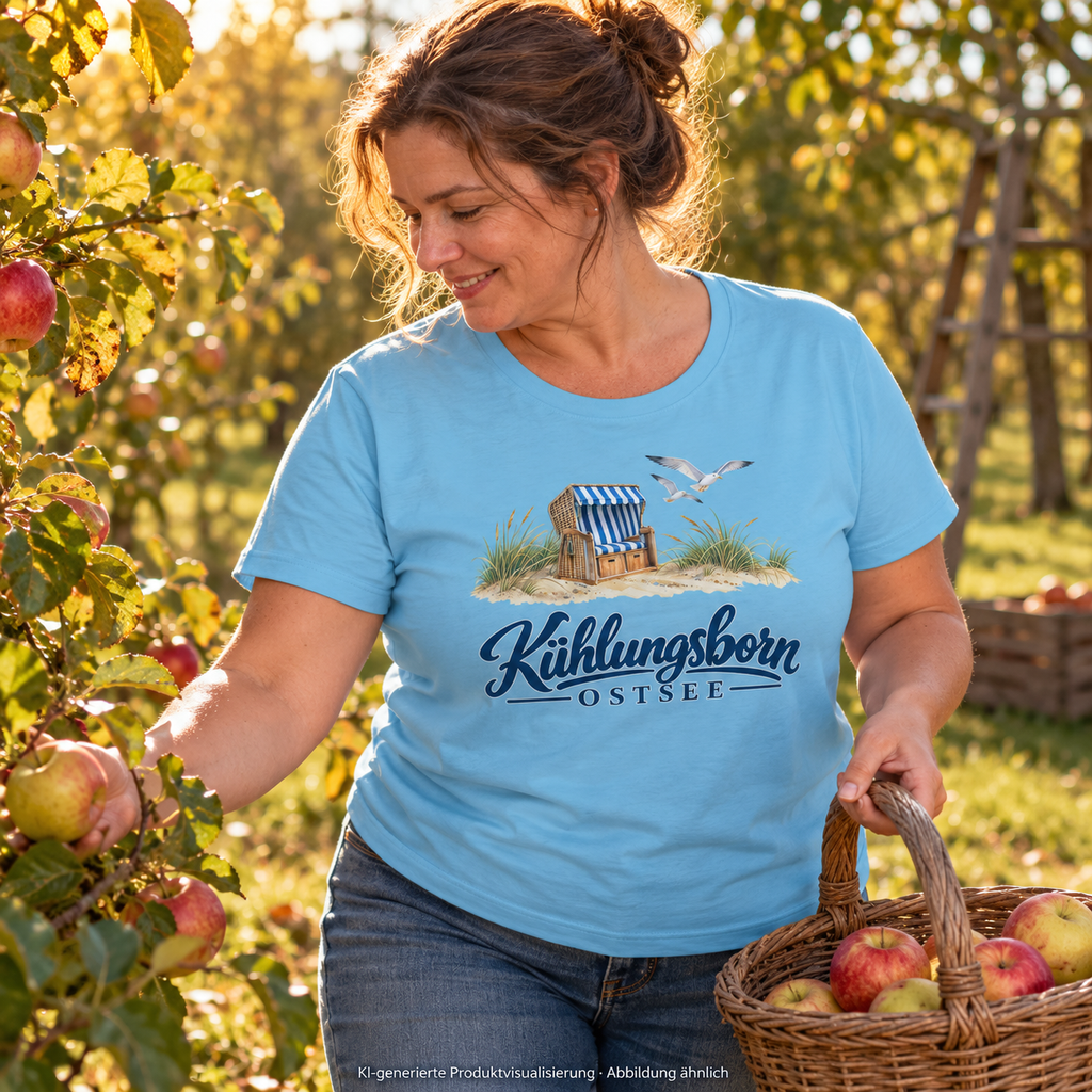 Damen Bio-T-Shirt Kühlungsborn – Strandkorb & Ostsee in Aqua Blue, beim Sammeln von Äpfeln im Obstgarten, tiefes Herbstlicht; Frontmotiv, KI-Produktvisualisierung.