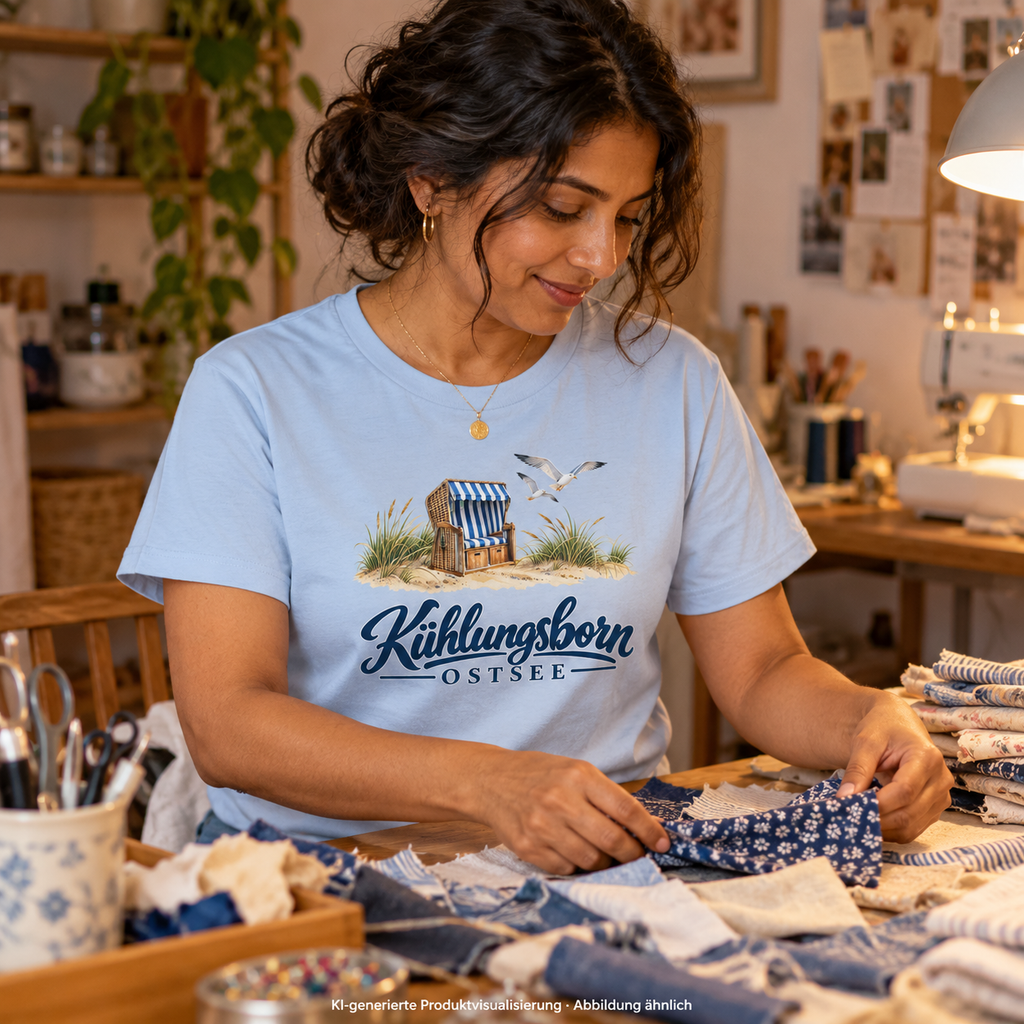 Damen Bio-T-Shirt Kühlungsborn – Strandkorb & Ostsee in Blue Soul, beim Sortieren von Stoffresten am Nähtisch, warmes Lampenlicht; Frontmotiv, KI-Produktvisualisierung.