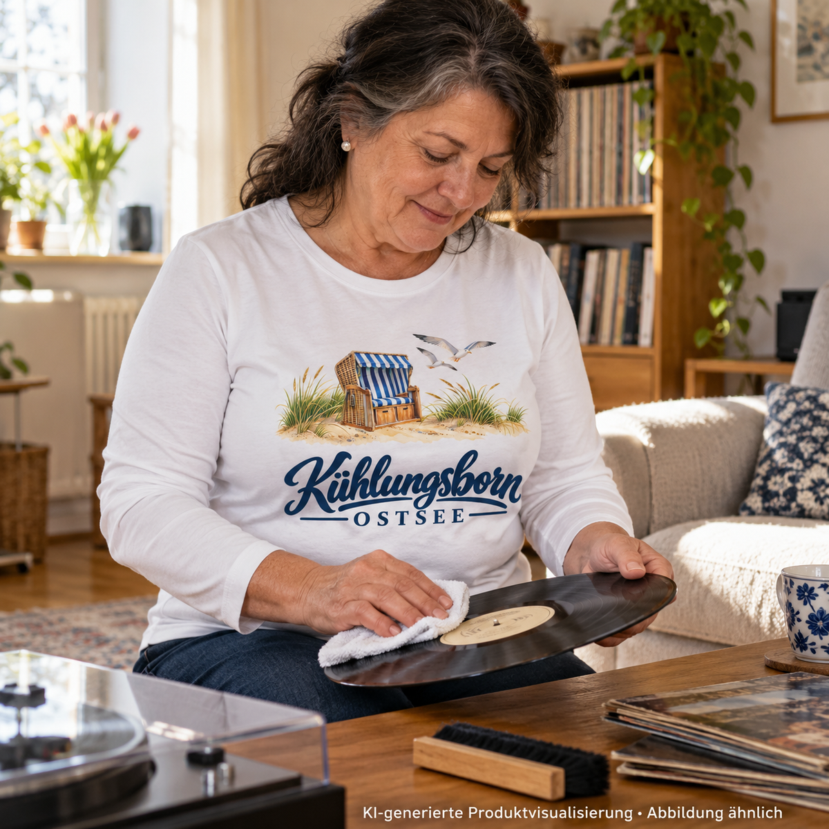 Damen Bio-Longsleeve Kühlungsborn – Strandkorb & Ostsee in White, beim vorsichtigen Reinigen einer Schallplatte im Wohnzimmer, mittags; Frontmotiv, KI-Produktvisualisierung.