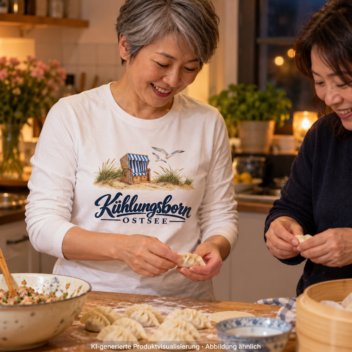 Damen Bio-Longsleeve Kühlungsborn – Strandkorb & Ostsee in White, beim Formen von Teigtaschen in der Küche mit einer Freundin, abends; Frontmotiv, KI-Produktvisualisierung.