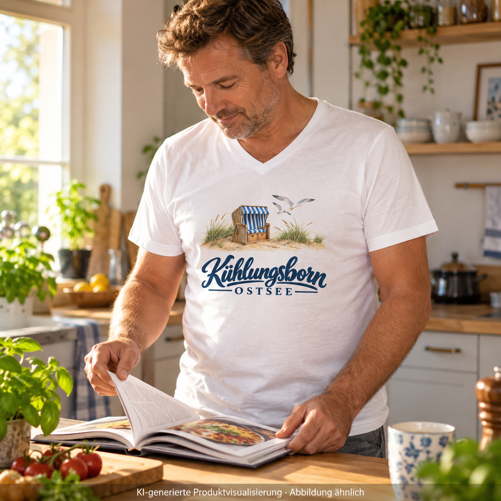 Herren Bio-V-Neck-T-Shirt Kühlungsborn – Strandkorb & Ostsee in White, beim Umblättern eines Kochbuchs in der Küche, Morgensonne; Frontmotiv, KI-Produktvisualisierung.
