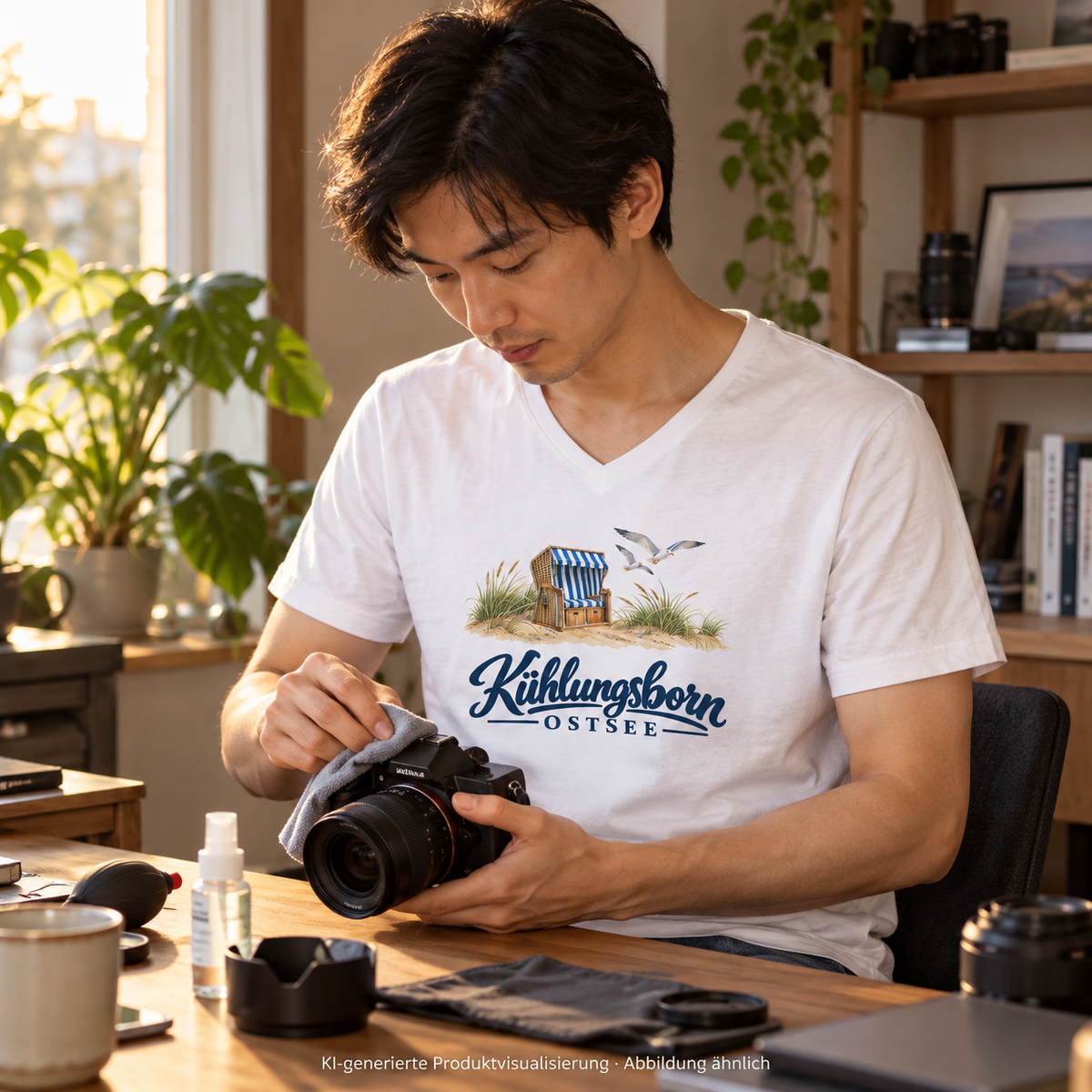 Herren Bio-V-Neck-T-Shirt Kühlungsborn – Strandkorb & Ostsee in White, beim Reinigen einer Kamera am Schreibtisch, später Nachmittag; Frontmotiv, KI-Produktvisualisierung.