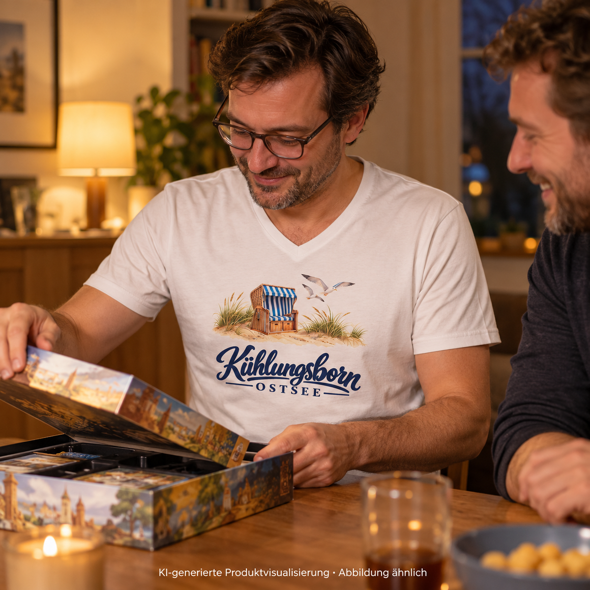 Herren Bio-V-Neck-T-Shirt Kühlungsborn – Strandkorb & Ostsee in White, beim Öffnen einer Brettspielschachtel am Esstisch mit Freund, Abendlicht; Frontmotiv, KI-Produktvisualisierung.