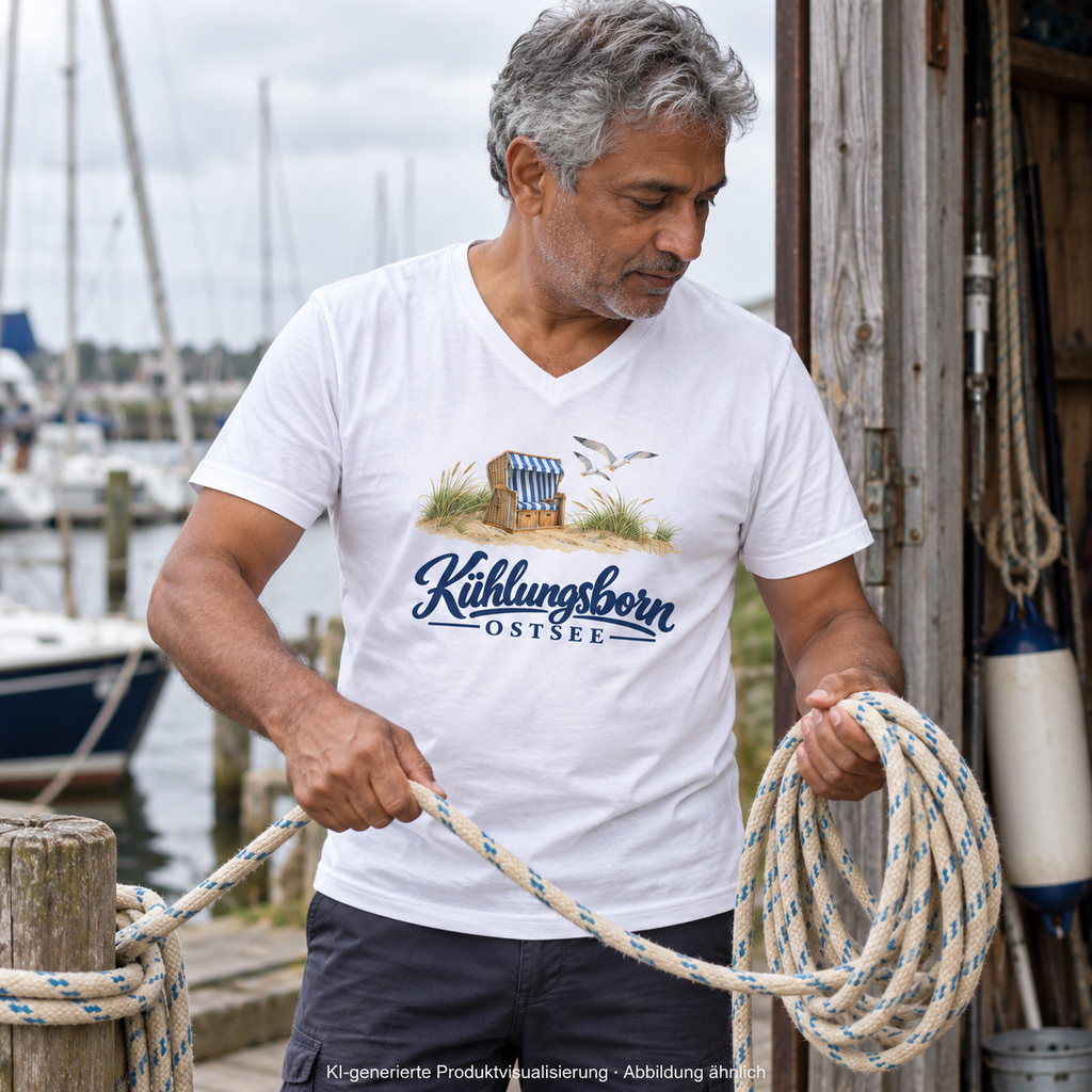 Herren Bio-V-Neck-T-Shirt Kühlungsborn – Strandkorb & Ostsee in White, beim Aufwickeln eines Segeltaues an einer Bootshalle, bewölkter Vormittag; Frontmotiv, KI-Produktvisualisierung.
