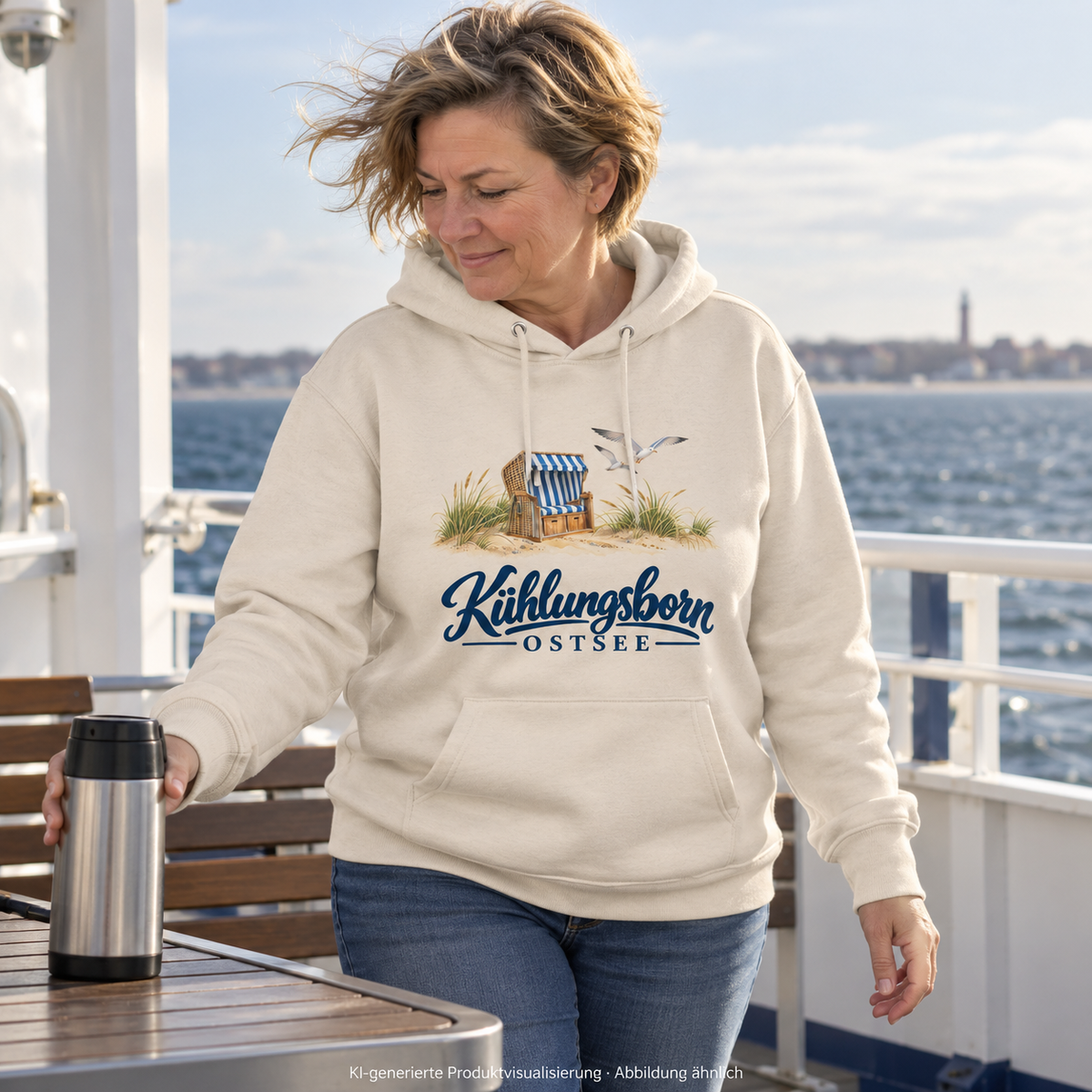 Bio-Unisex-Hoodie Kühlungsborn – Strandkorb & Ostsee in Natural Raw, beim Abstellen einer Thermoskanne auf einem kleinen Fährdeck, Wind, morgens; Frontmotiv, KI-Produktvisualisierung.