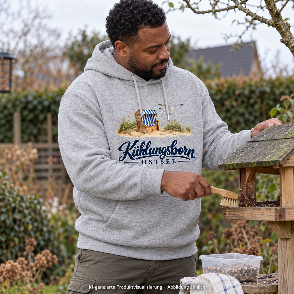 Bio-Unisex-Hoodie Kühlungsborn – Strandkorb & Ostsee in Heather Grey, beim Reinigen eines Vogelfutterhauses im Garten, bedeckt; Frontmotiv, KI-Produktvisualisierung.