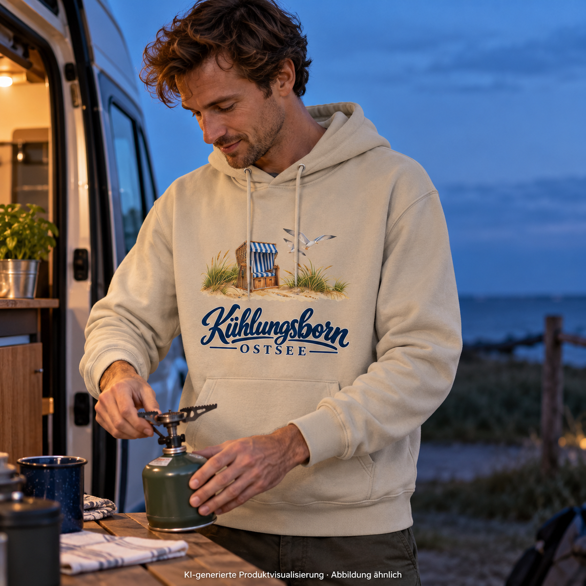 Bio-Unisex-Hoodie Kühlungsborn – Strandkorb & Ostsee in Desert Dust, beim Befüllen eines kleinen Campingkochers am Camper, frühe blaue Stunde; Frontmotiv, KI-Produktvisualisierung.