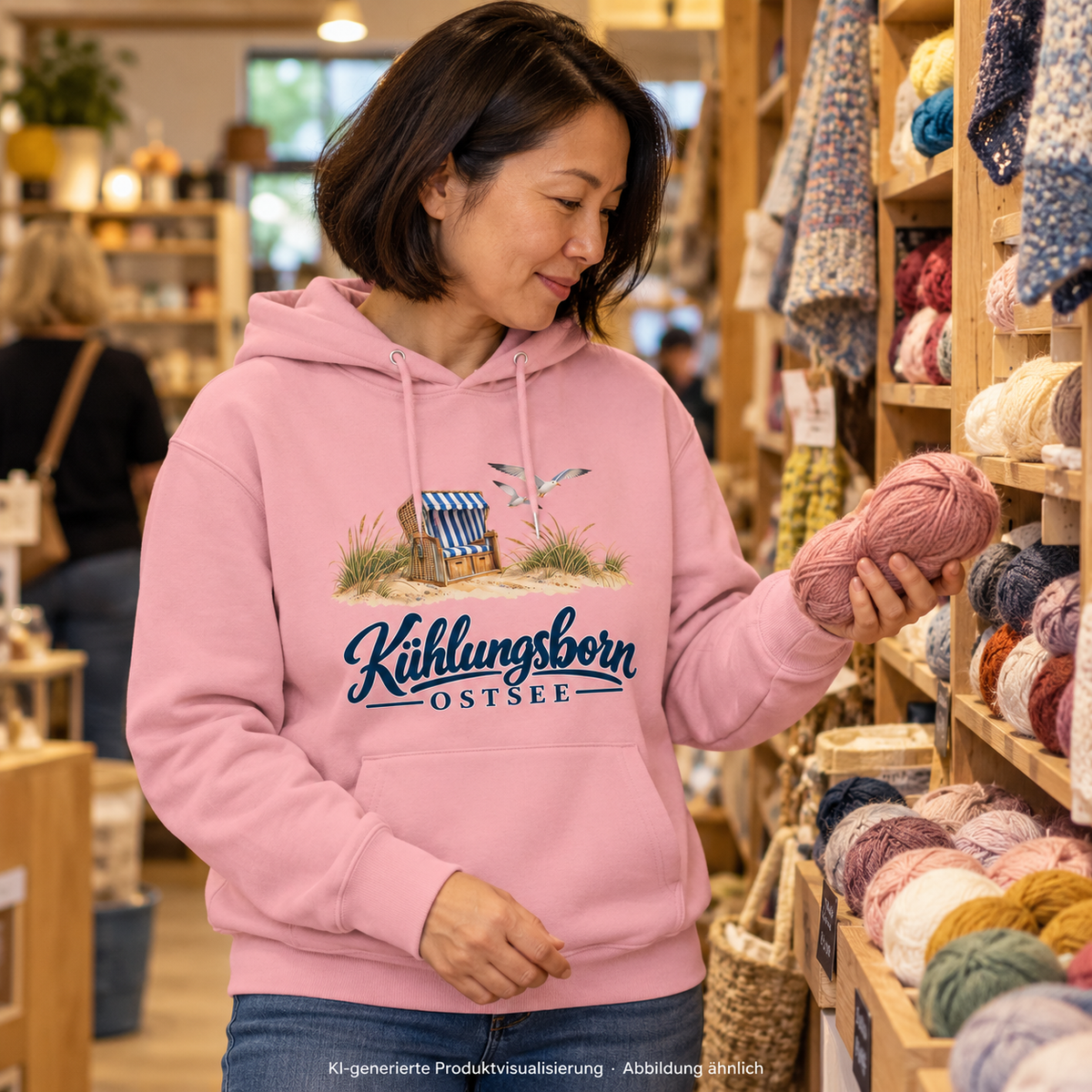 Bio-Unisex-Hoodie Kühlungsborn – Strandkorb & Ostsee in Cotton Pink, beim Aussuchen von Garn in einem Handarbeitsladen, warmes Innenlicht; Frontmotiv, KI-Produktvisualisierung.