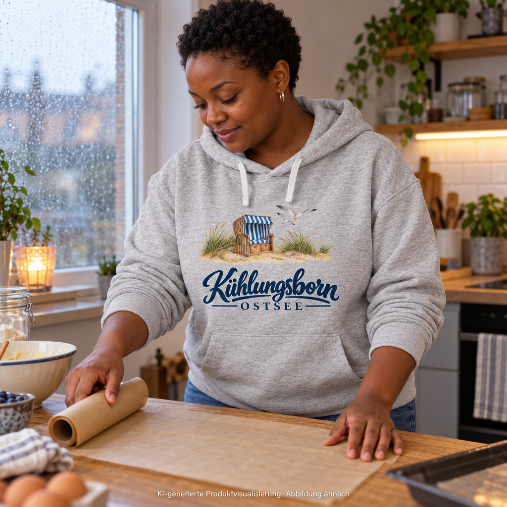 Bio-Oversize-Hoodie Kühlungsborn – Strandkorb & Ostsee in Cool Heather Grey, beim Auslegen von Backpapier auf einem Küchentisch, regnerischer Tag; Frontmotiv, KI-Produktvisualisierung.