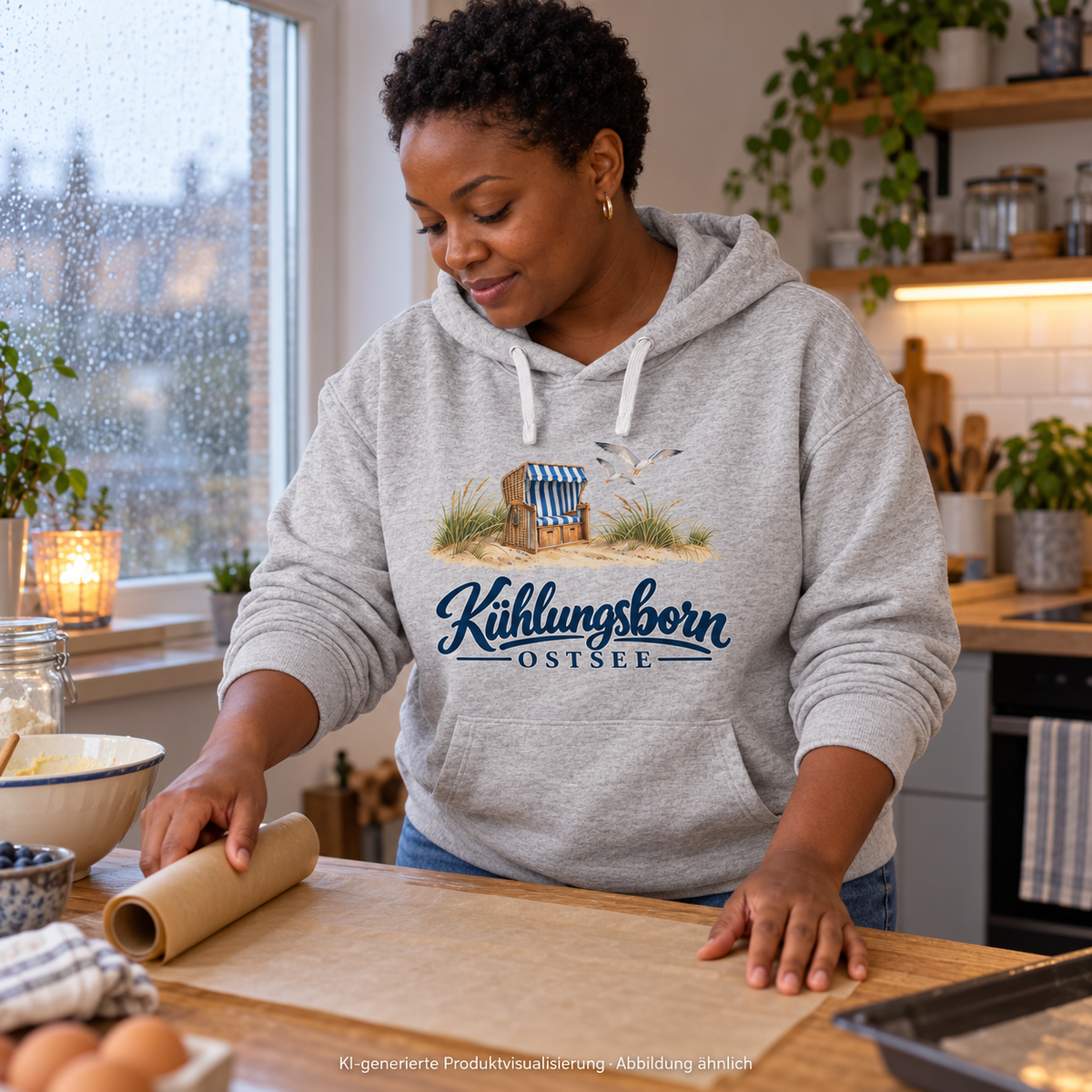 Bio-Oversize-Hoodie Kühlungsborn – Strandkorb & Ostsee in Cool Heather Grey, beim Auslegen von Backpapier auf einem Küchentisch, regnerischer Tag; Frontmotiv, KI-Produktvisualisierung.