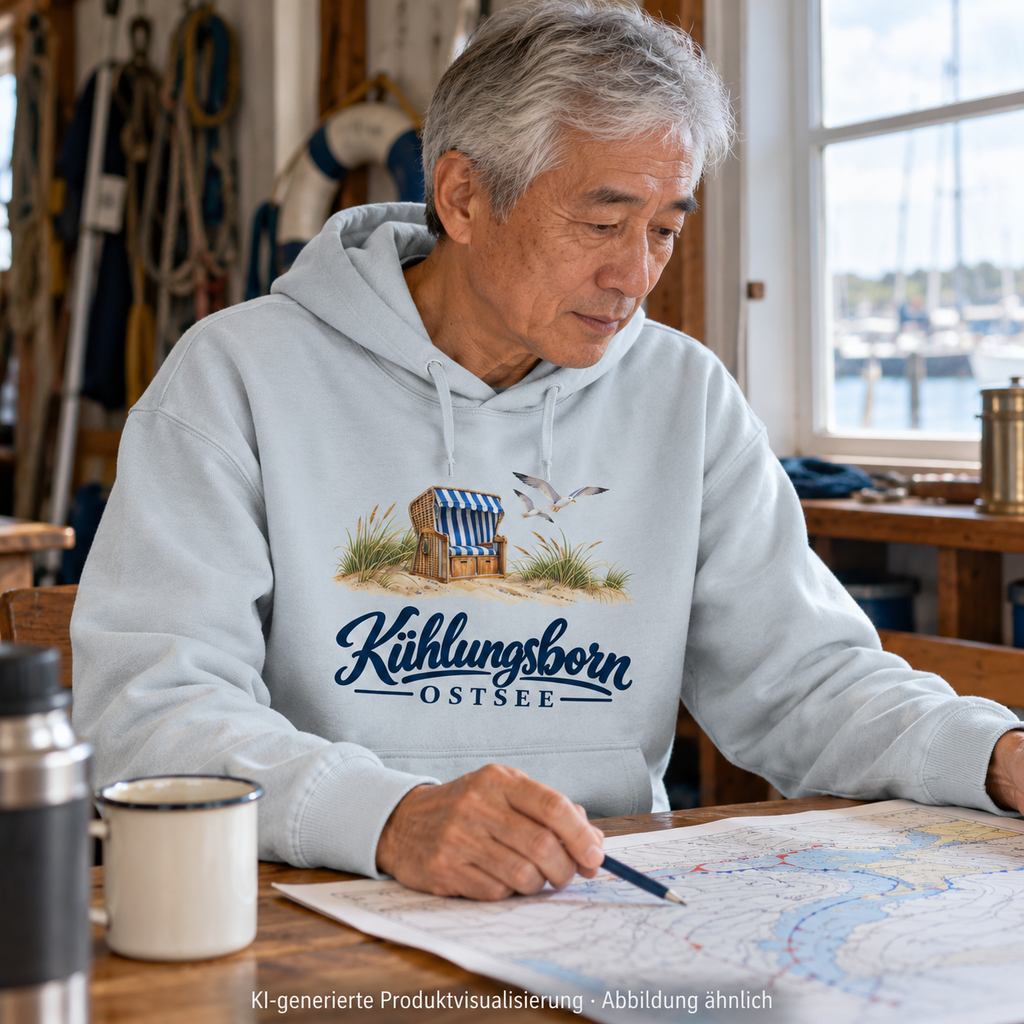Bio-Oversize-Hoodie Kühlungsborn – Strandkorb & Ostsee in Blue Ice, beim Prüfen der Wetterkarte im Bootshaus, sitzend, Fensterlicht; Frontmotiv, KI-Produktvisualisierung.