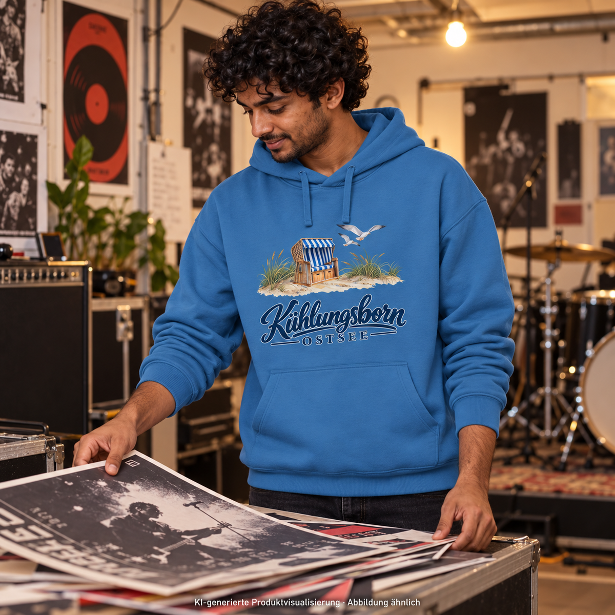 Bio-Oversize-Hoodie Kühlungsborn – Strandkorb & Ostsee in Mindful Blue, beim Ordnen von Plakaten in einem Musikproberaum, warmes Deckenlicht; Frontmotiv, KI-Produktvisualisierung.