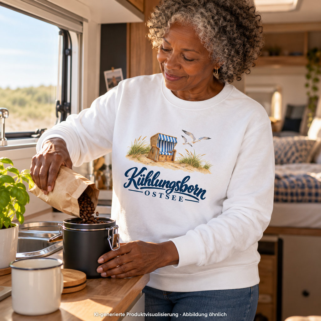 Bio-Unisex-Sweatshirt Kühlungsborn – Strandkorb & Ostsee in White, beim Nachfüllen einer Kaffeedose im Wohnmobil, Morgenlicht; Frontmotiv, KI-Produktvisualisierung.