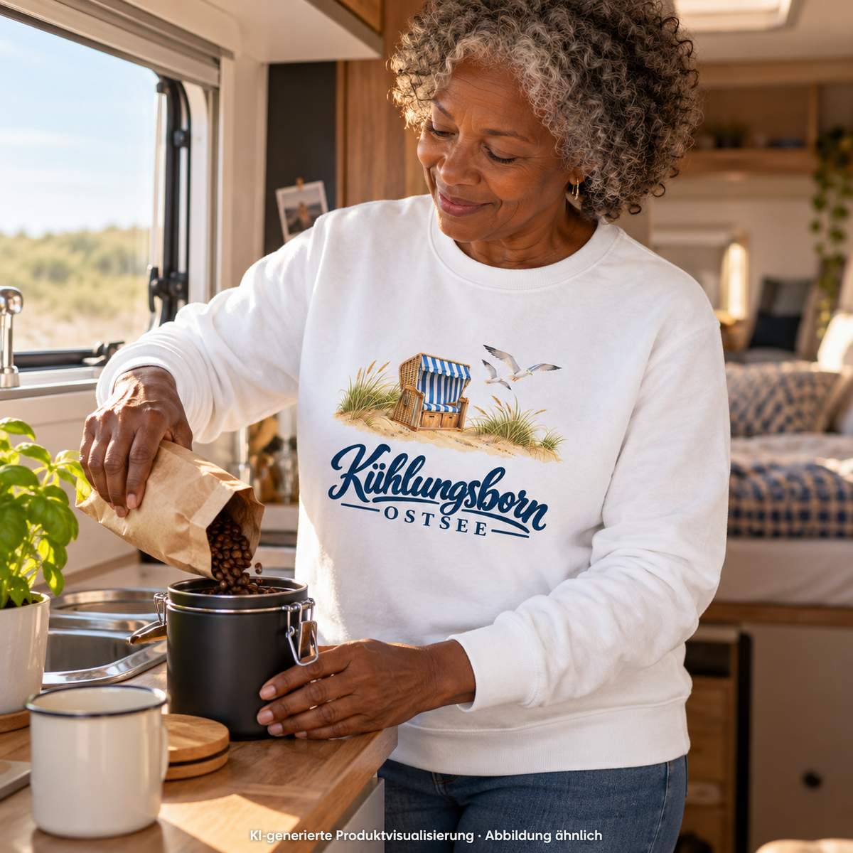 Bio-Unisex-Sweatshirt Kühlungsborn – Strandkorb & Ostsee in White, beim Nachfüllen einer Kaffeedose im Wohnmobil, Morgenlicht; Frontmotiv, KI-Produktvisualisierung.