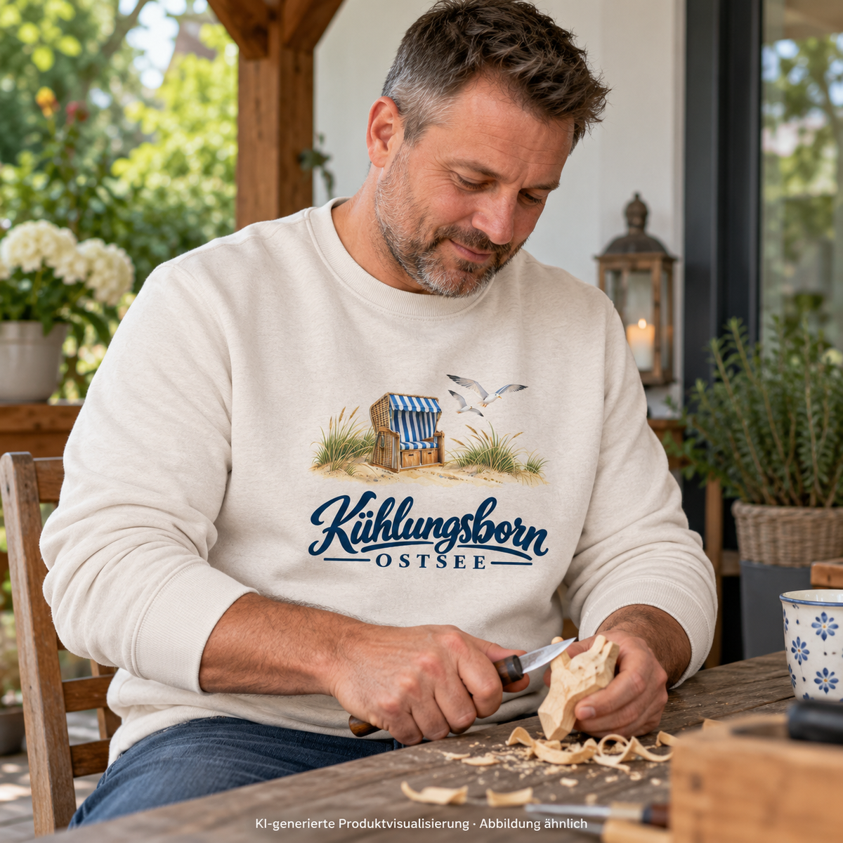 Bio-Unisex-Sweatshirt Kühlungsborn – Strandkorb & Ostsee in Vintage White, beim Schnitzen eines kleinen Holzstücks am Gartentisch, bedeckt; Frontmotiv, KI-Produktvisualisierung.