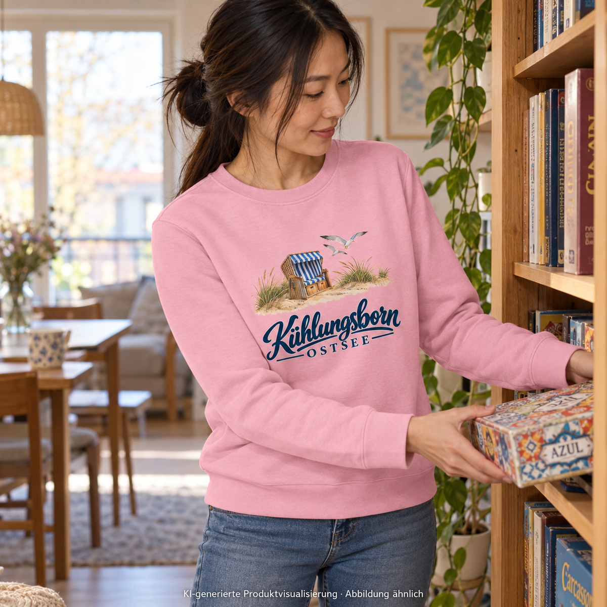 Bio-Unisex-Sweatshirt Kühlungsborn – Strandkorb & Ostsee in Cotton Pink, beim Herausnehmen eines Brettspiels aus einem Bücherregal, nachmittags; Frontmotiv, KI-Produktvisualisierung.