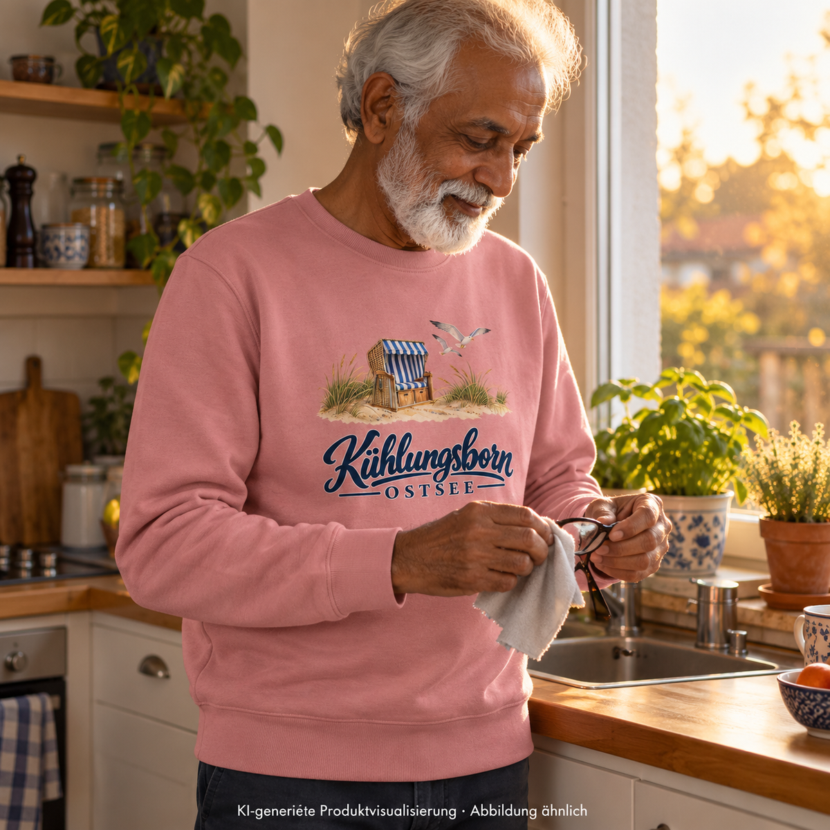 Bio-Unisex-Sweatshirt Kühlungsborn – Strandkorb & Ostsee in Canyon Pink, beim Säubern einer Brille am Küchenfenster, späte Sonne; Frontmotiv, KI-Produktvisualisierung.
