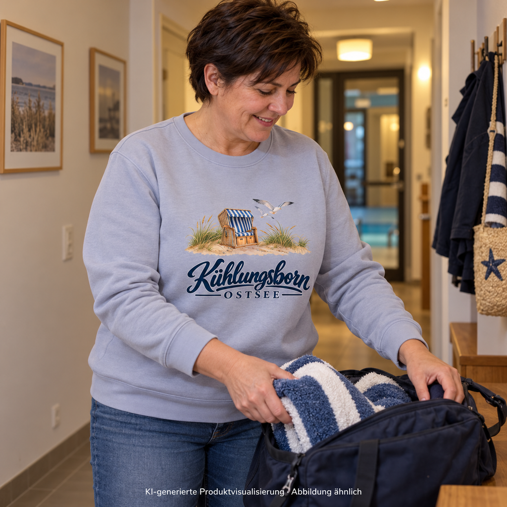 Bio-Unisex-Sweatshirt Kühlungsborn – Strandkorb & Ostsee in Serene Blue, beim Einpacken von Badetüchern vor einem Hallenbadbesuch, Flur am frühen Abend; Frontmotiv, KI-Produktvisualisierung.