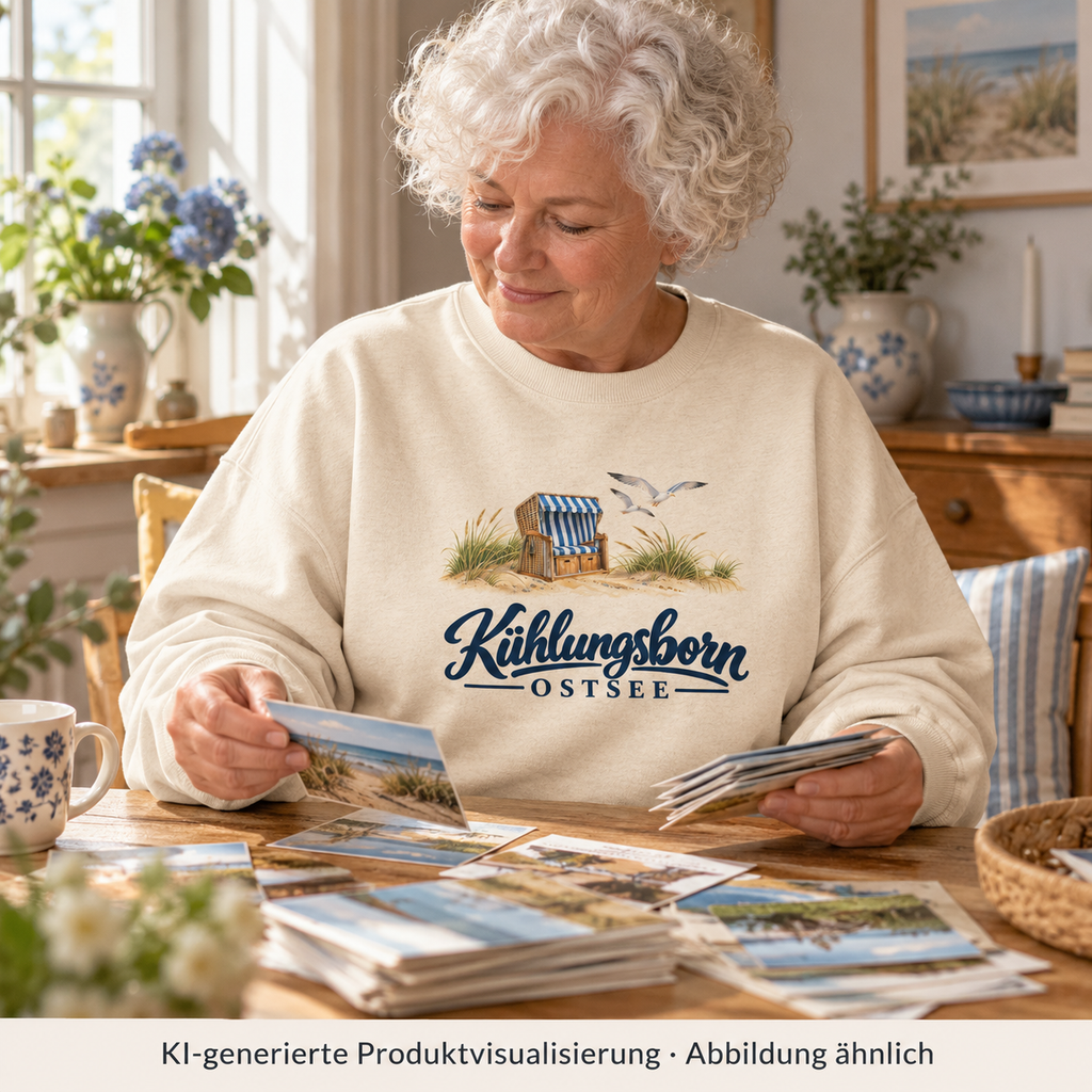 Bio-Oversize-Sweatshirt Kühlungsborn – Strandkorb & Ostsee, Natural Raw: beim Ordnen von Postkarten am Esszimmertisch, sanftes Morgenlicht; KI-Produktvisualisierung.
