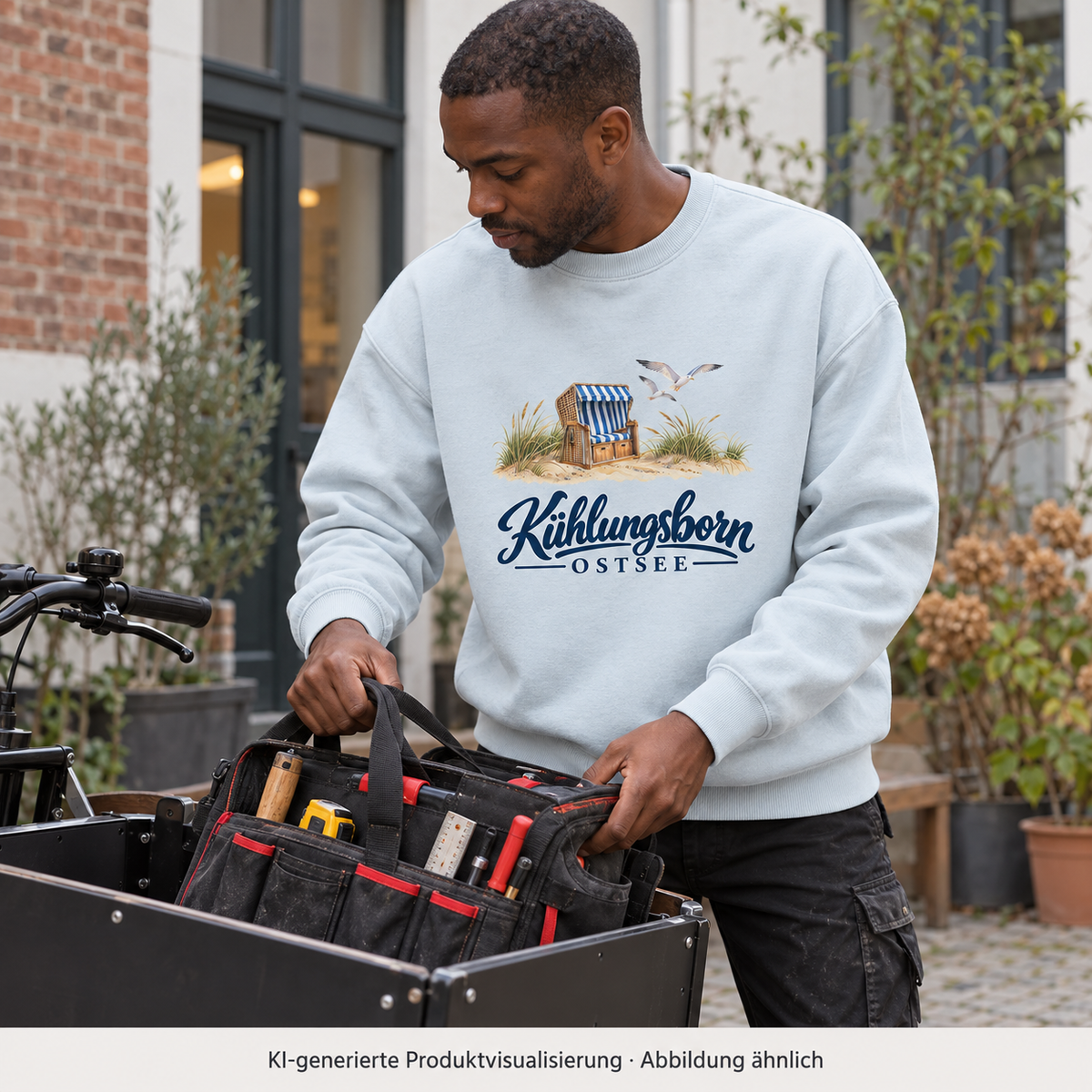 Bio-Oversize-Sweatshirt Kühlungsborn – Strandkorb & Ostsee, Blue Ice: beim Einladen einer Werkzeugtasche ins Lastenrad im Innenhof, bedeckter Nachmittag; KI-Produktvisualisierung.