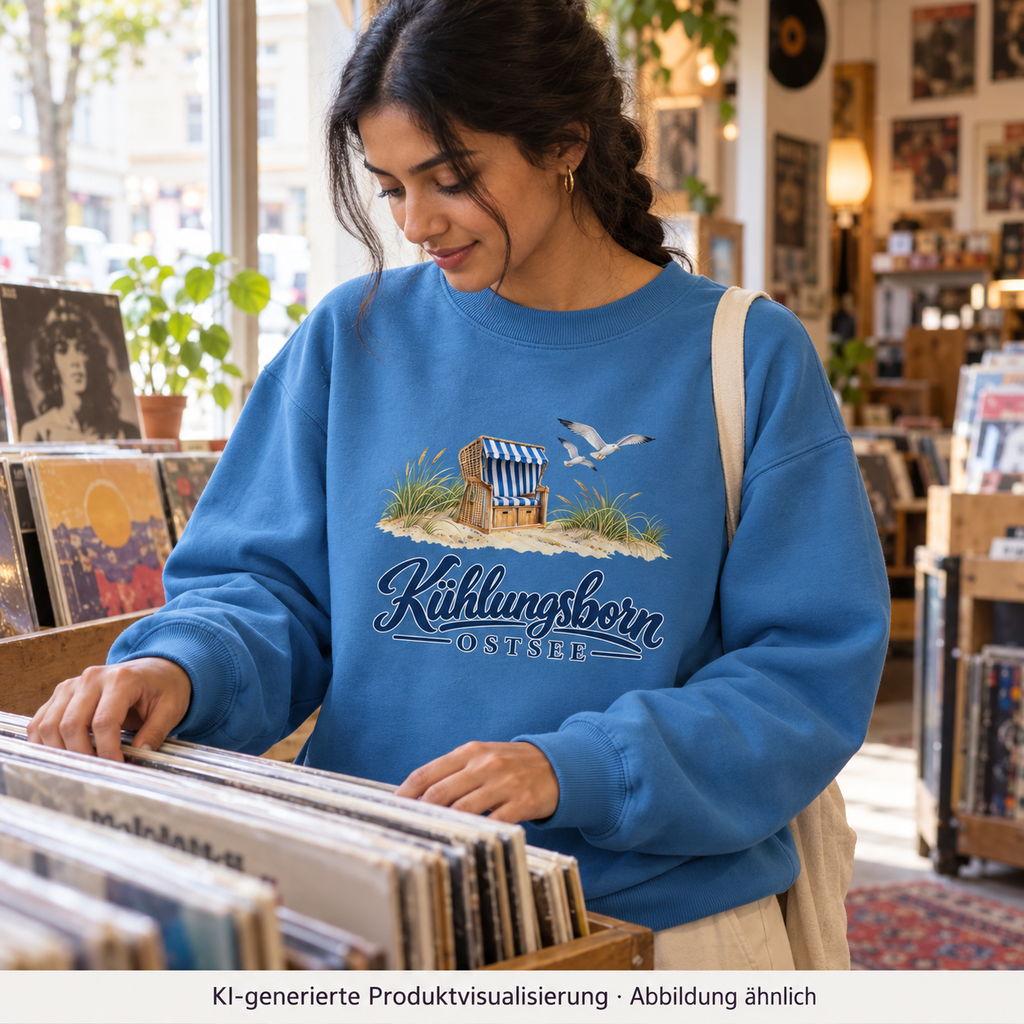 Bio-Oversize-Sweatshirt Kühlungsborn – Strandkorb & Ostsee, Mindful Blue: beim Auswählen von Secondhand-Schallplatten im Laden, weiches Fensterlicht; KI-Produktvisualisierung.