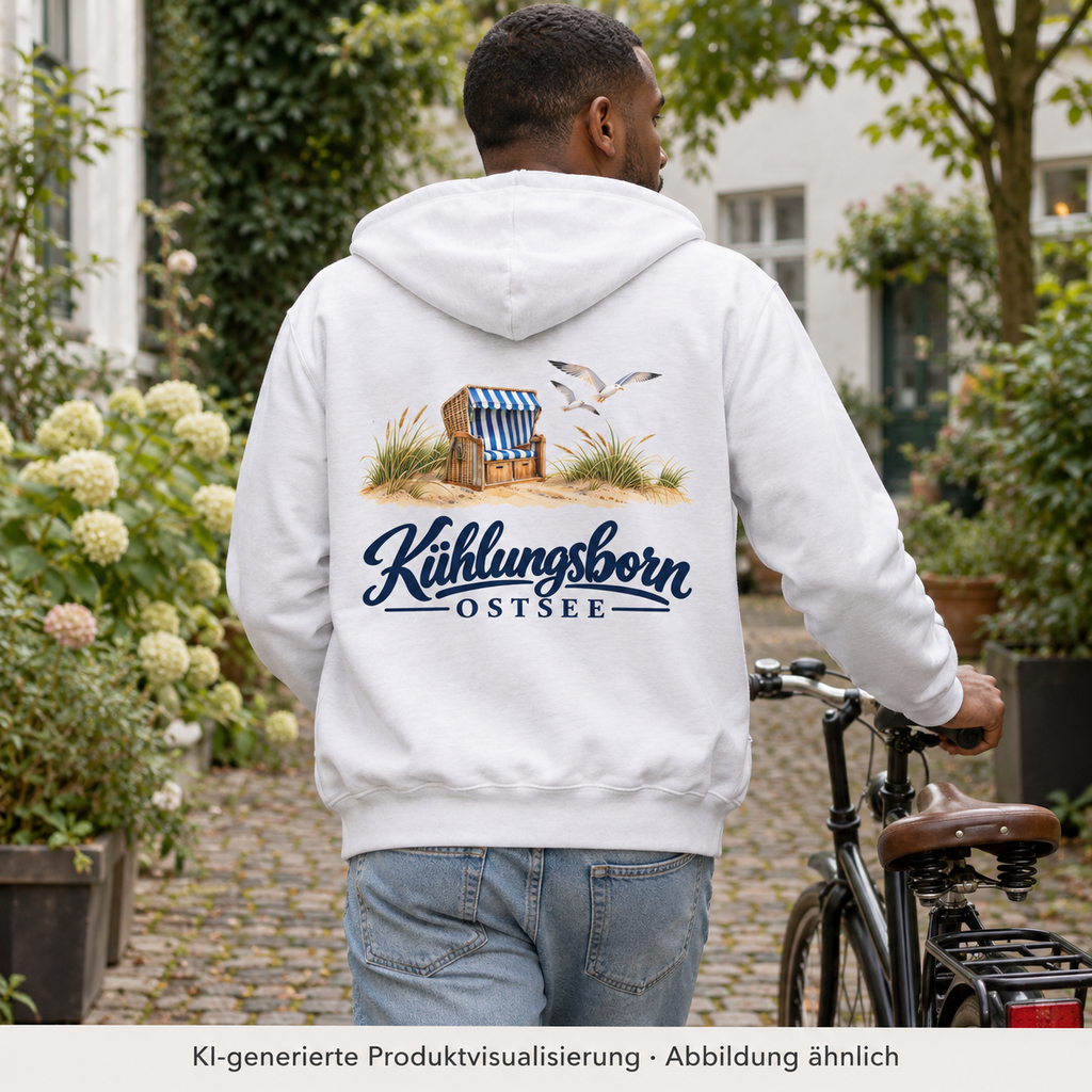 Bio-Unisex-Zipper mit Rückendruck Kühlungsborn – Strandkorb & Ostsee, White: beim Schieben eines Fahrrads durch einen begrünten Innenhof, Rückenansicht, Kapuze unten, bewölkt; KI-Produktvisualisierung.