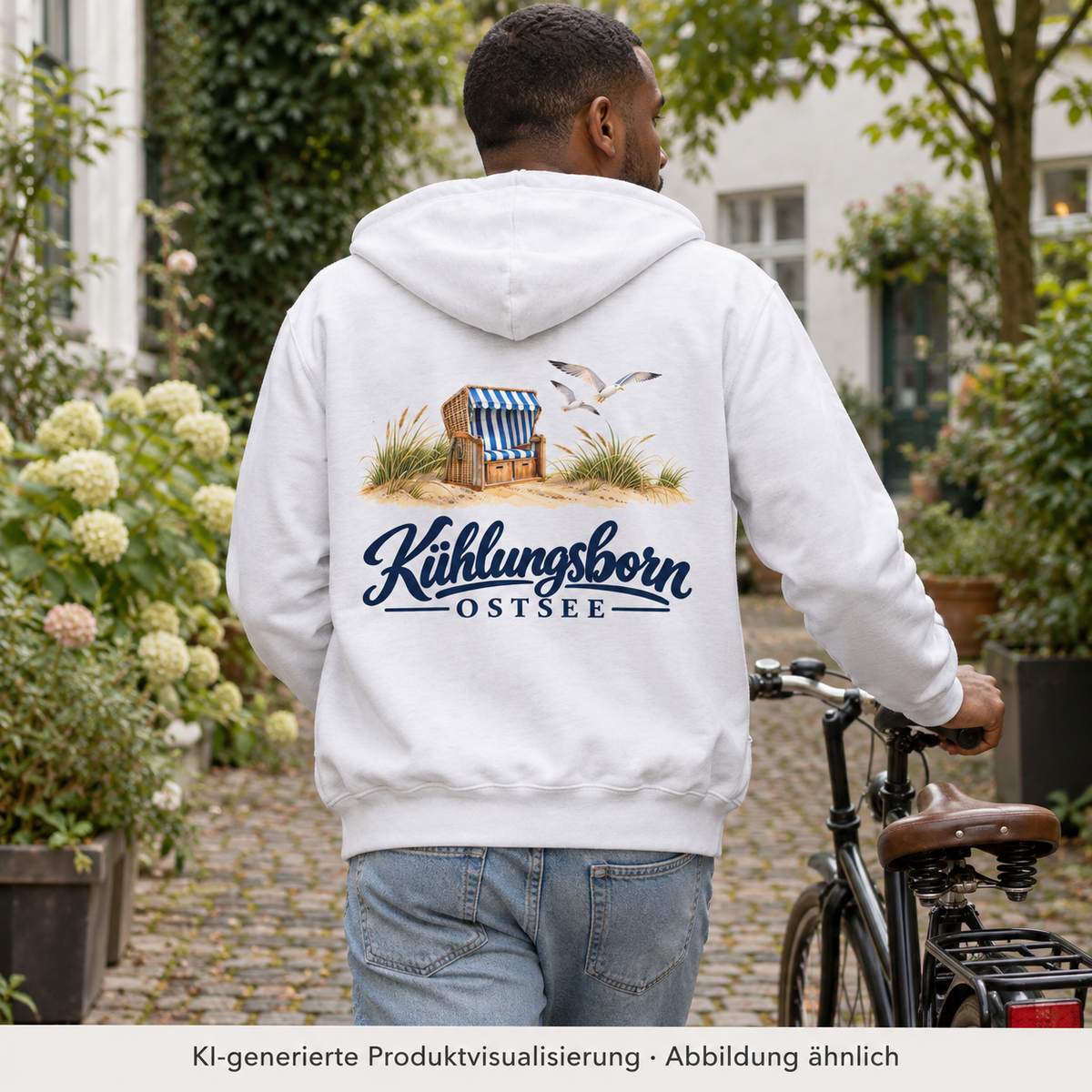 Bio-Unisex-Zipper mit Rückendruck Kühlungsborn – Strandkorb & Ostsee, White: beim Schieben eines Fahrrads durch einen begrünten Innenhof, Rückenansicht, Kapuze unten, bewölkt; KI-Produktvisualisierung.
