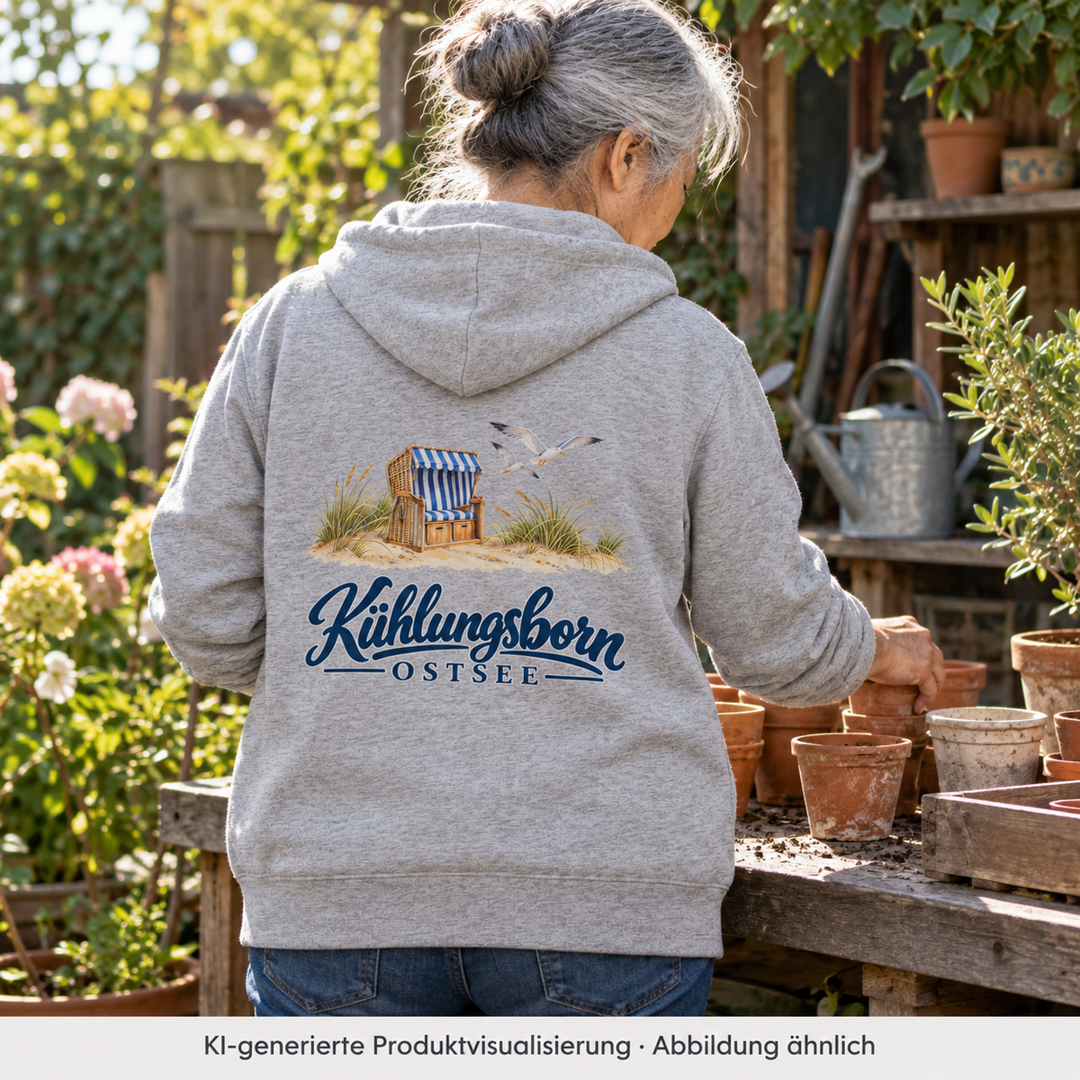 Bio-Unisex-Zipper mit Rückendruck Kühlungsborn – Strandkorb & Ostsee, Heather Grey: beim Sortieren kleiner Tontöpfe auf einer Werkbank im Garten, Rückenansicht, Kapuze unten, Nachmittag; KI-Produktvisualisierung.