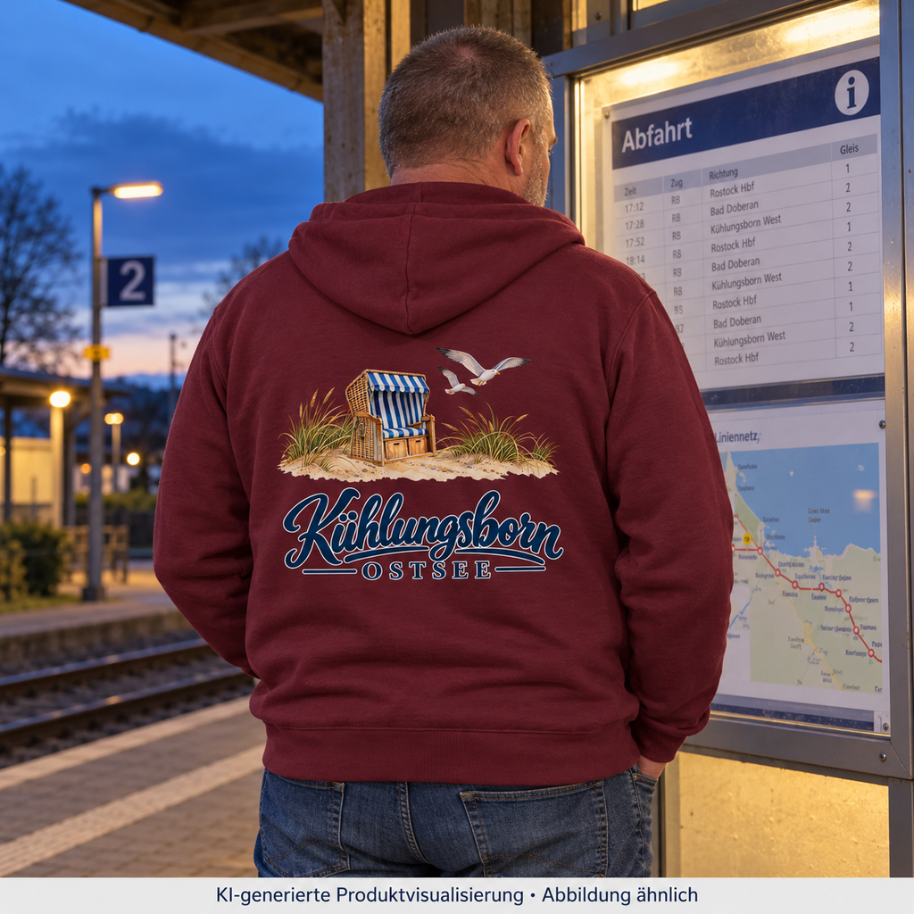 Bio-Unisex-Zipper mit Rückendruck Kühlungsborn – Strandkorb & Ostsee, Burgundy: beim Prüfen eines Fahrplans am ländlichen Bahnhof, Rückenansicht, Kapuze unten, blaue Stunde; KI-Produktvisualisierung.