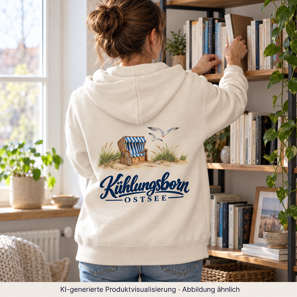Bio-Unisex-Zipper mit Rückendruck Kühlungsborn – Strandkorb & Ostsee, Natural Raw: beim Einräumen von Büchern auf einem offenen Bücherregal, Rückenansicht, Kapuze unten, Fensterlicht; KI-Produktvisualisierung.