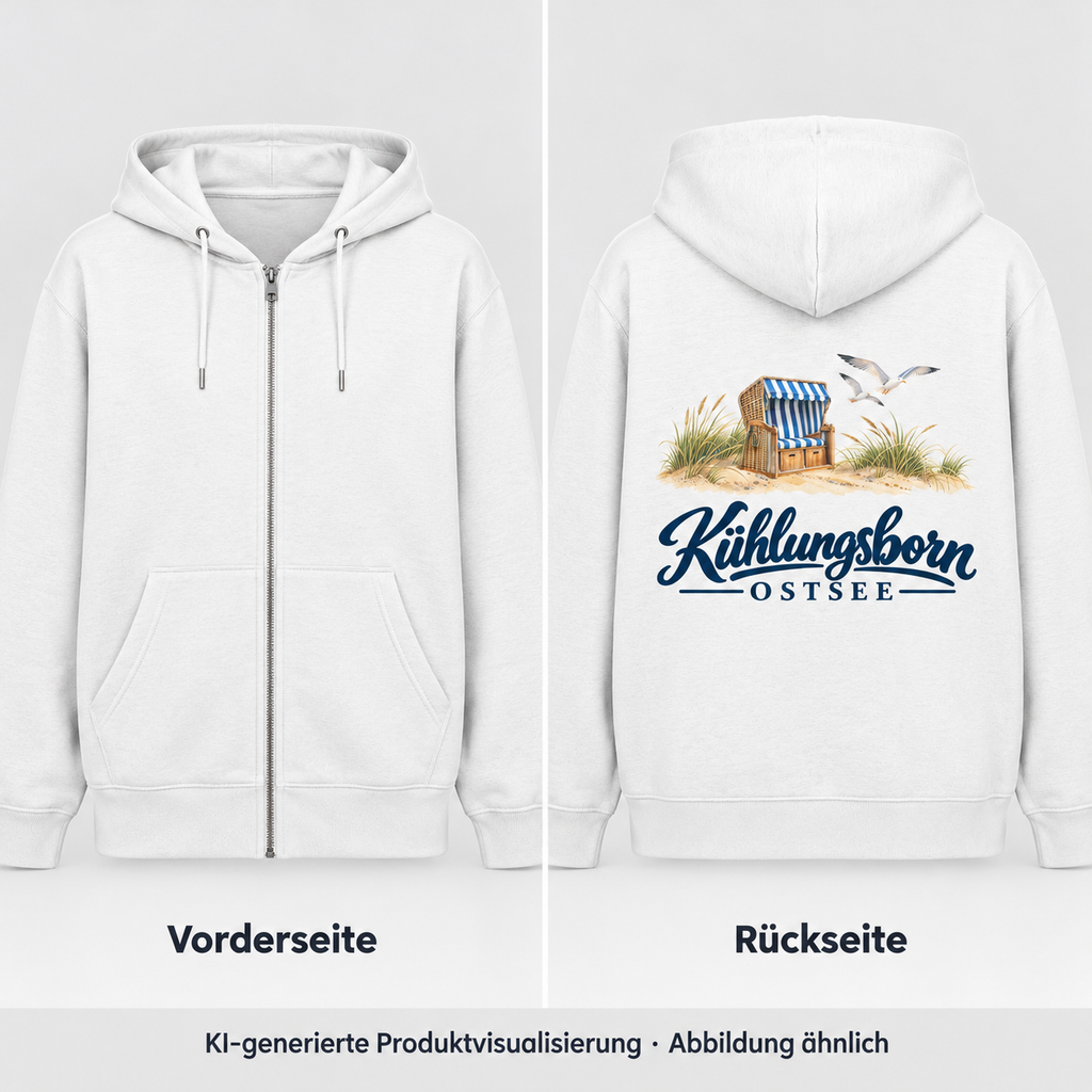 Bio-Unisex-Zipper mit Rückendruck Kühlungsborn – Strandkorb & Ostsee, White: Front-/Back-Splitansicht derselben weißen Zipperjacke, links unbedruckte Vorderseite mit Reißverschluss und Taschen, rechts Rückseite mit Originalmotiv, neutraler heller Hintergrund; Beschriftung Vorderseite und Rückseite; KI-Produktvisualisierung.