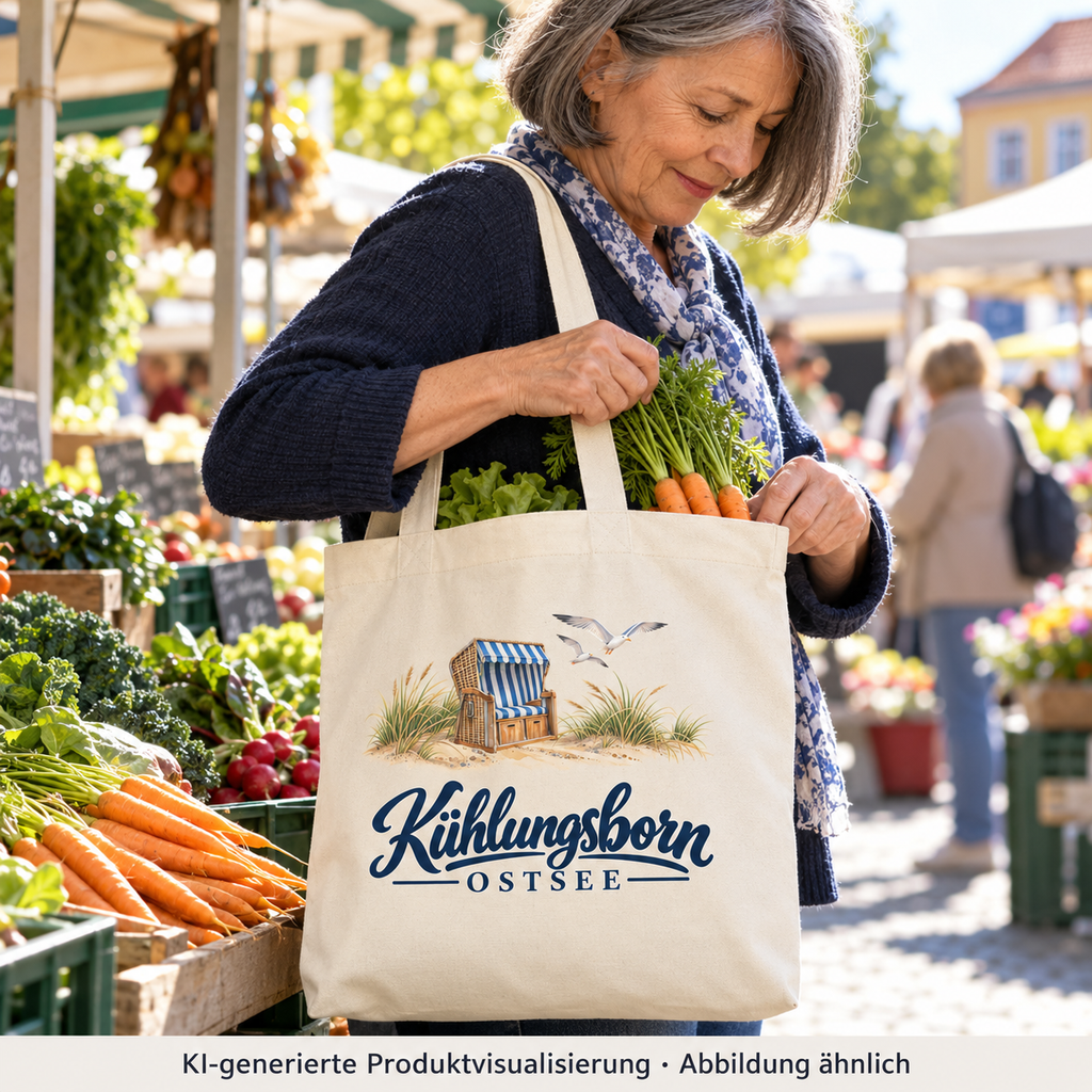 Recycling-Tragetasche Kühlungsborn – Strandkorb & Ostsee, Natural: beim Verstauen von Gemüse in der Tasche am Wochenmarkt, Vorderseite der Tasche frei sichtbar, Morgen; KI-Produktvisualisierung.