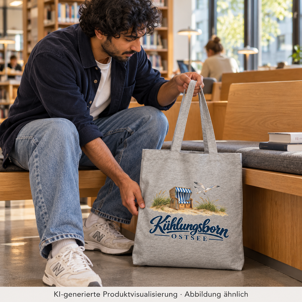 Recycling-Tragetasche Kühlungsborn – Strandkorb & Ostsee, Heather Grey: beim Ablegen der Tragetasche neben einer Sitzbank in einer Stadtbibliothek, Nachmittag; KI-Produktvisualisierung.