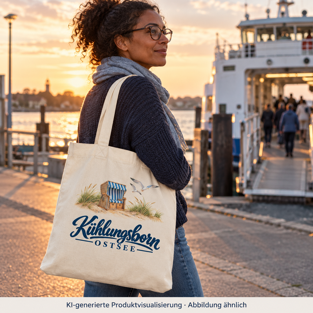 Recycling-Tragetasche Kühlungsborn – Strandkorb & Ostsee, Natural: beim Tragen der Tasche auf der Schulter auf dem Weg zur Fähre, seitlicher Blick, spätes Licht; KI-Produktvisualisierung.