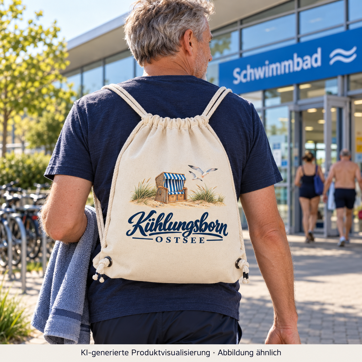 Recycling-Sportbeutel Kühlungsborn – Strandkorb & Ostsee, Natural: beim Gehen zu einem öffentlichen Schwimmbad, Sportbeutel auf dem Rücken, sanftes Morgenlicht; KI-Produktvisualisierung.