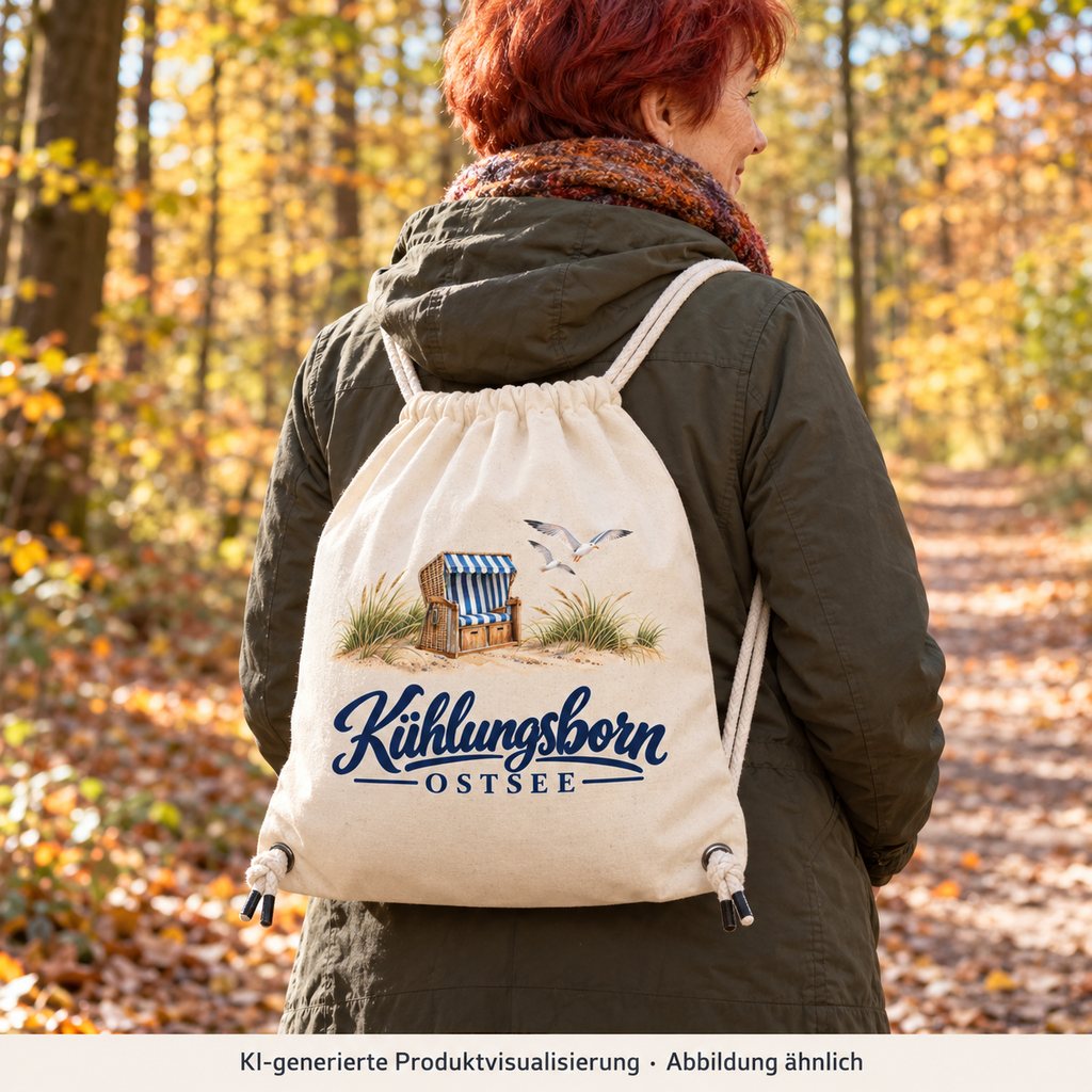 Recycling-Sportbeutel Kühlungsborn – Strandkorb & Ostsee, Natural: beim Spazieren auf einem herbstlichen Waldweg, Beutel auf dem Rücken, seitliche Rückansicht, bedeckt; KI-Produktvisualisierung.